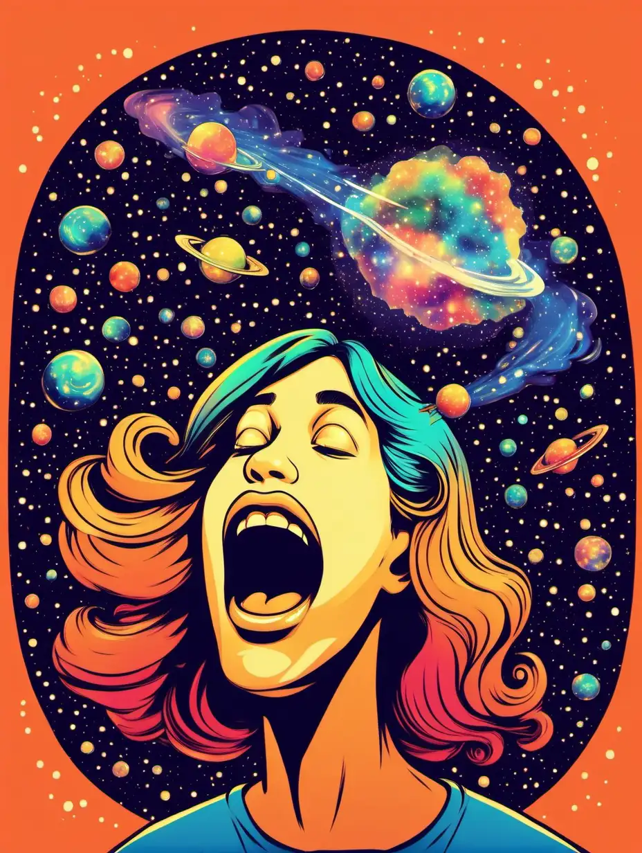 Person blowing universe out of mouth,cartoon,colorful