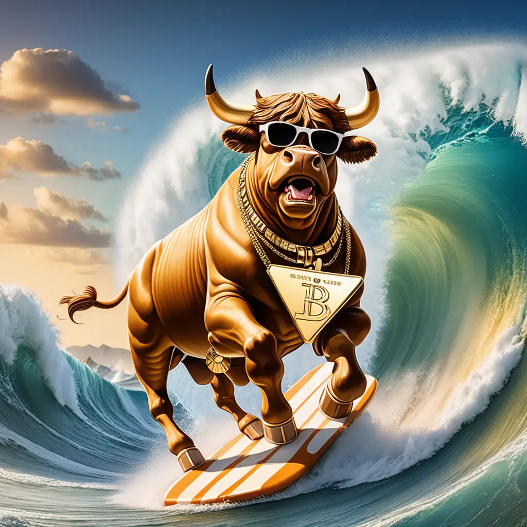 crytpo bull surfing on a huge tsunami wave and the backdrop should have 2024 written on it. Bull should wear some shades and a big gold thick necklace with btc as the pendant