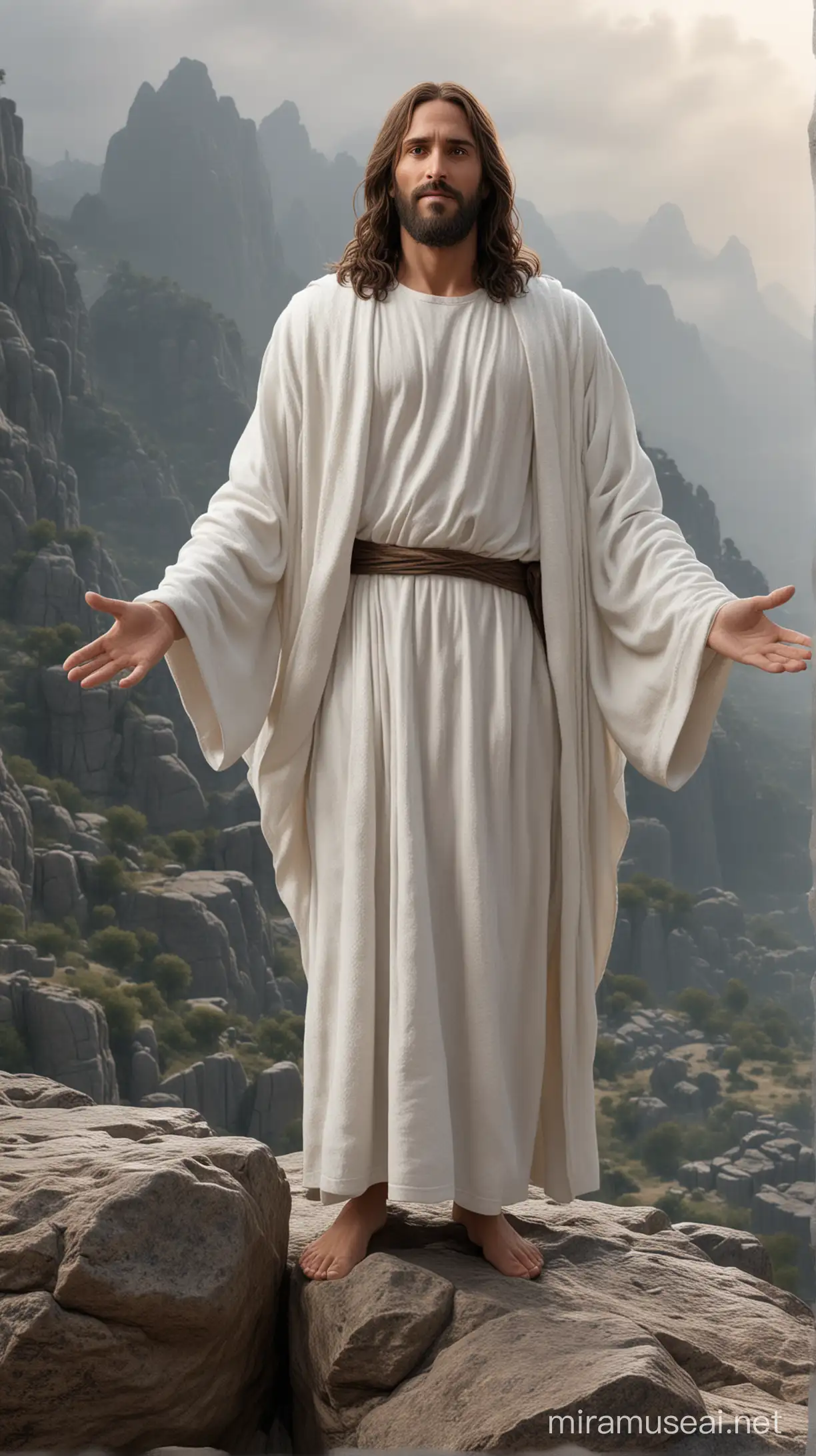  ULTRA REALISM PHOTOREALISTIC Generate a hyper-realistic image of  Jesus standing on a high rock in a white robe, warm welcoming smile