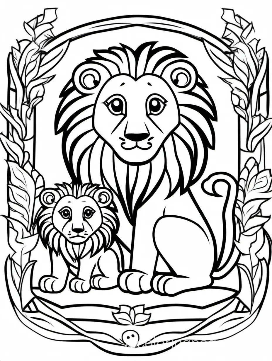 Lion and his baby for Kids is easy , Coloring Page, black and white, line art, white background, Simplicity, Ample White Space. The background of the coloring page is plain white to make it easy for young children to color within the lines. The outlines of all the subjects are easy to distinguish, making it simple for kids to color without too much difficulty