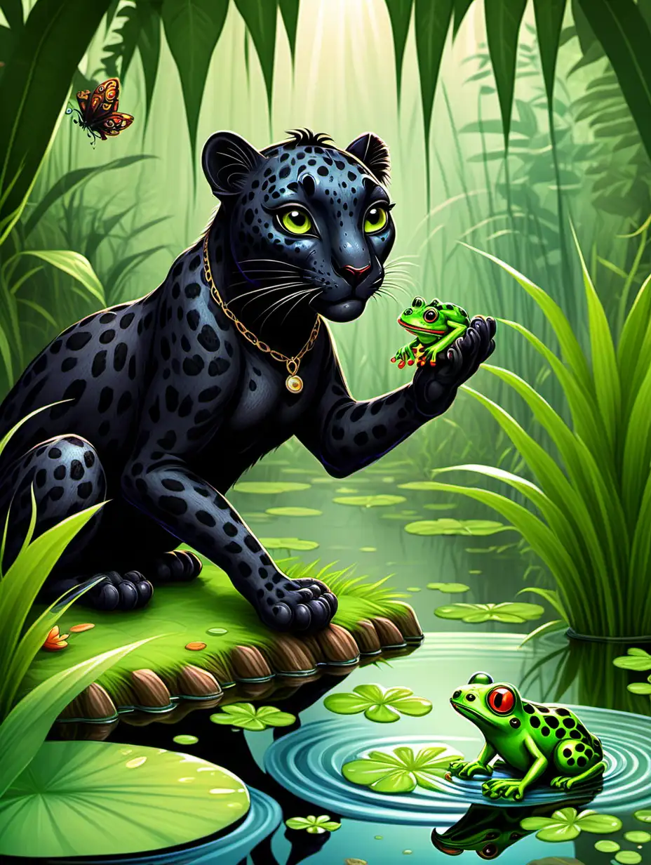 a black leopard rescuing a tiny green frog from pond in the jungle (For a Children's book)