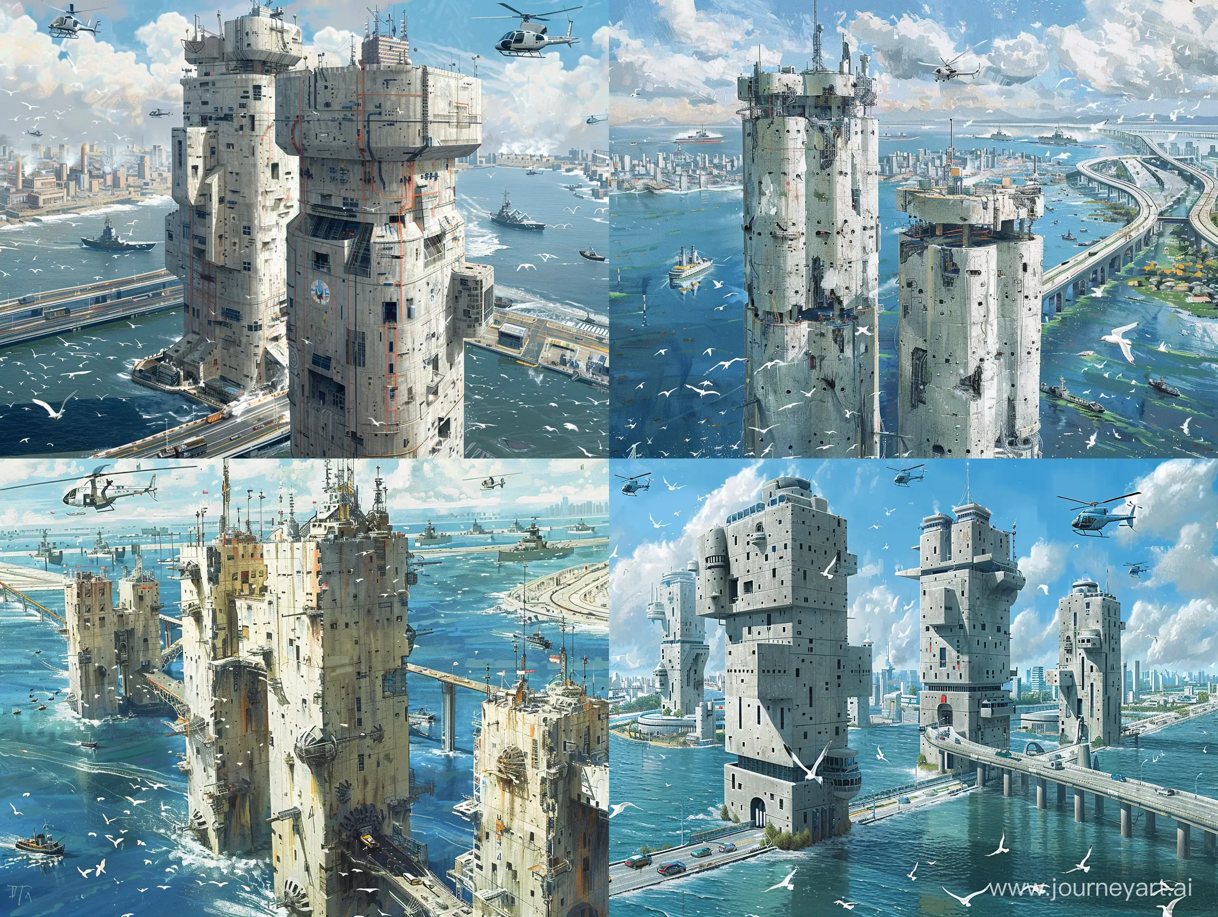 Concrete tower city, futuristic buildings, cuberpunk, city on water, highways, cyberpunk, seagulls, sea, beautiful sea, huge panorama, very detailed, helicopters, city panorama, warships in the background, ships, digital drawing, paint drawing, oil painting, flooded city, 