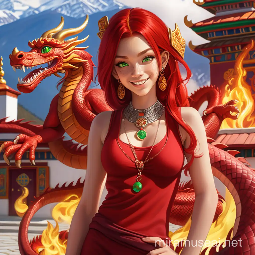 Diosa emperatriz hermosa adolescente de cabellos rojos y ojos verdes vestida de conjunto entallado ajustado rojo,con un collar de dragón rojo al cuello flotando en el aire sonrisa hermosa y de fondo un monasterio tibetano y un dragón rojo de fuego 