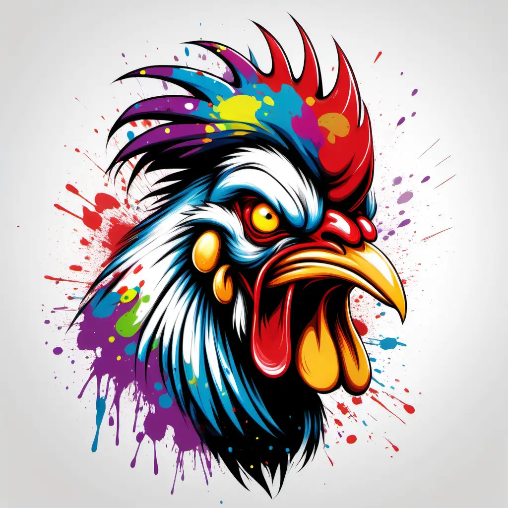 Angry Rooster TShirt Design with Colorful Paint Splatters Alex Petruk APe Artwork