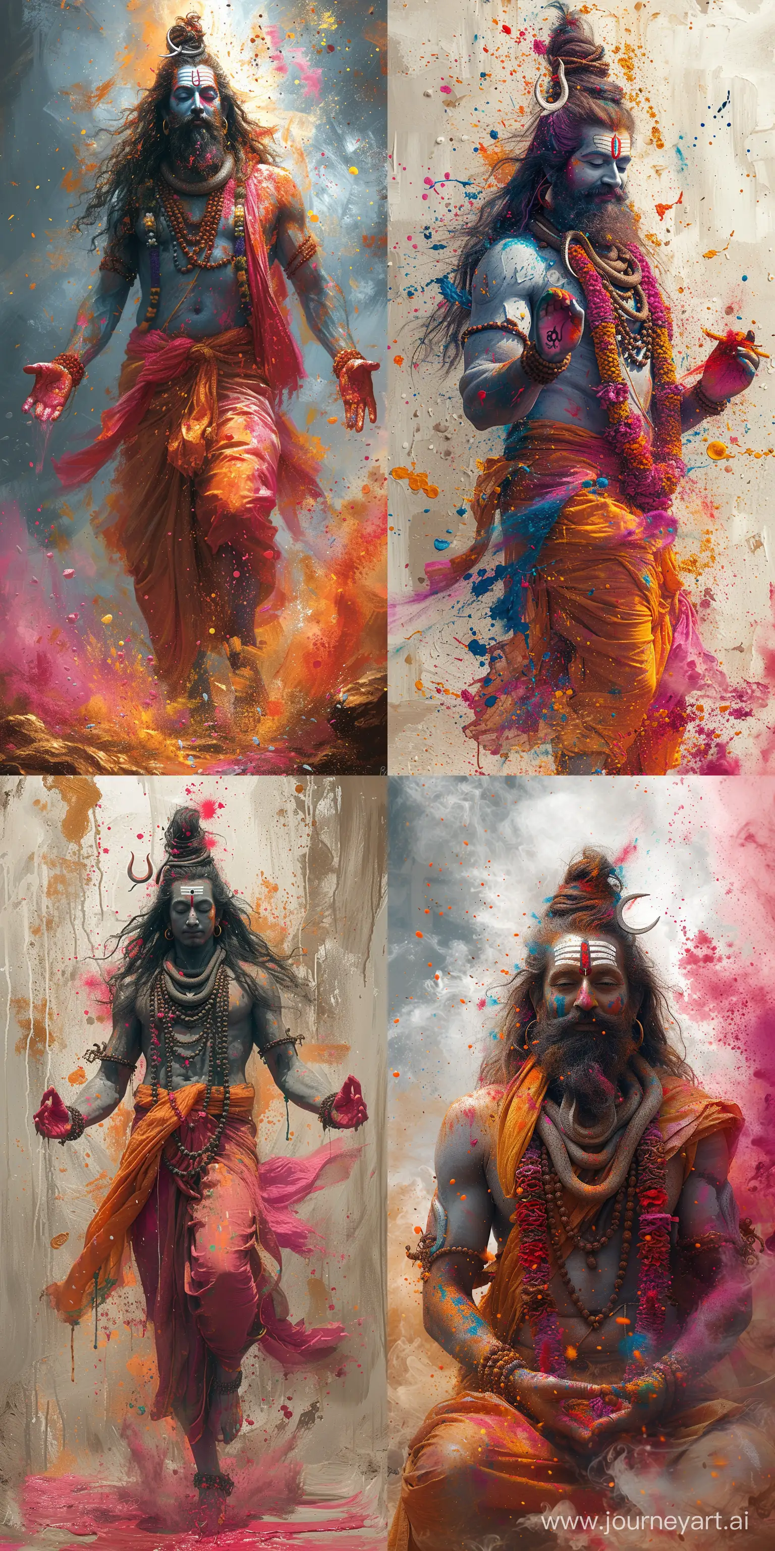 Cosmic holi images with a beautiful lord lord Shiva wo dancing around in cosmic colored paints, in the style of light gray and light bronze, spiritual meditations, dark gold and pink, bold and vibrant primary colors, expressive facial features, hurufiyya --ar 1:2 --stylize 750 --v 6 --v 6 --ar 1:1 --no 59942