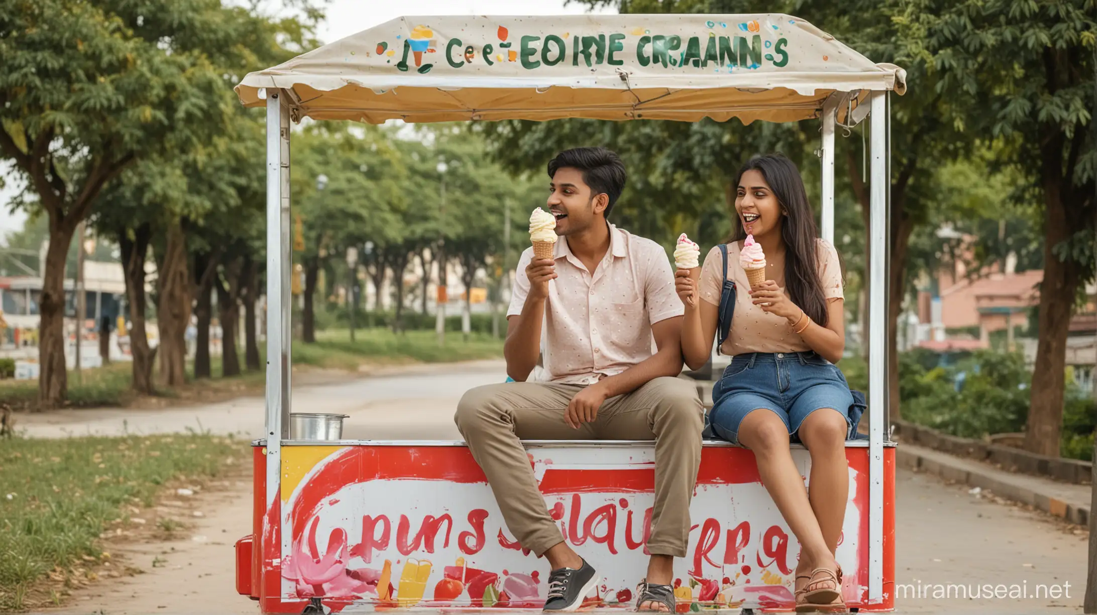 indian young 
couple, delicious ice cream, ice cream cart
