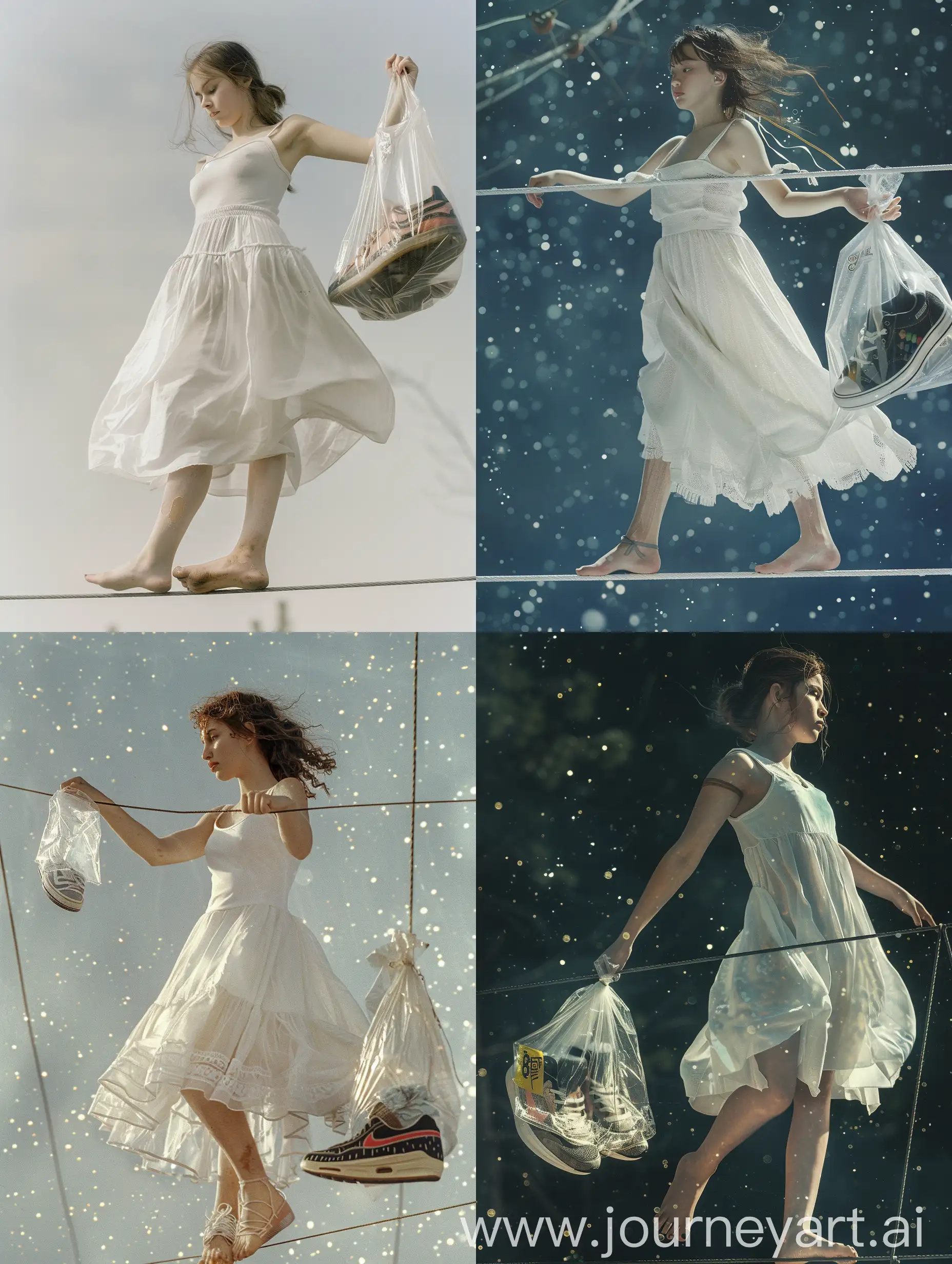 Девушка в простом белом платье,  открытые плечи, балансирует босиком  на проволоке, в одном руке цалафановый пакет с кедами, 8k, плёночная фотография, ультодетализация, рассеяние света, резкий фокус, высокая детализация 