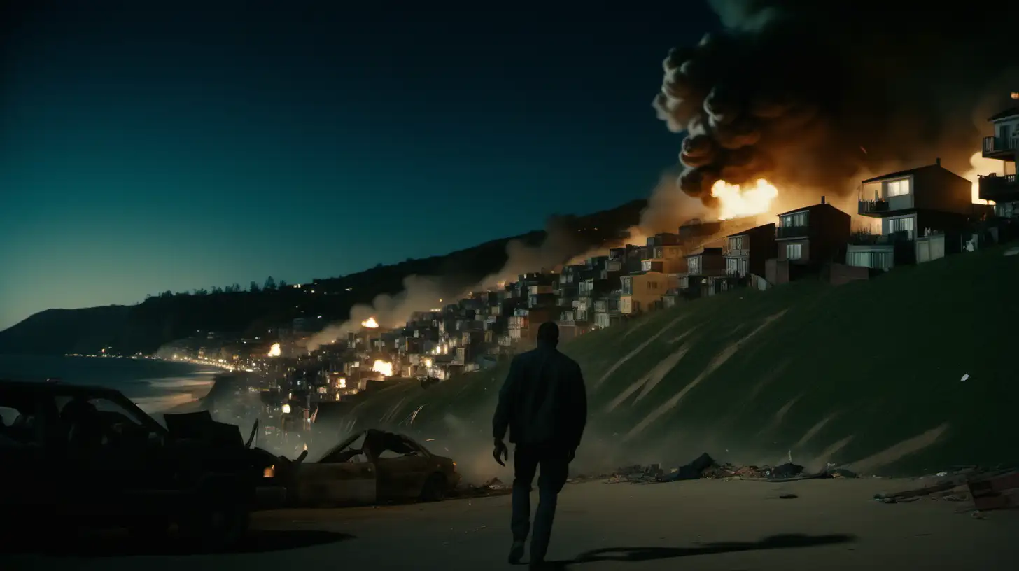 A cinematic scene shot on a Sony cine Alta: low angle view of a rebel town on a hill causing chaos, in the style of Christopher Nolan, black citizens, explosions, beach, town homes, night, shops, stores looted, night sky, street lights, fighting, street wear
