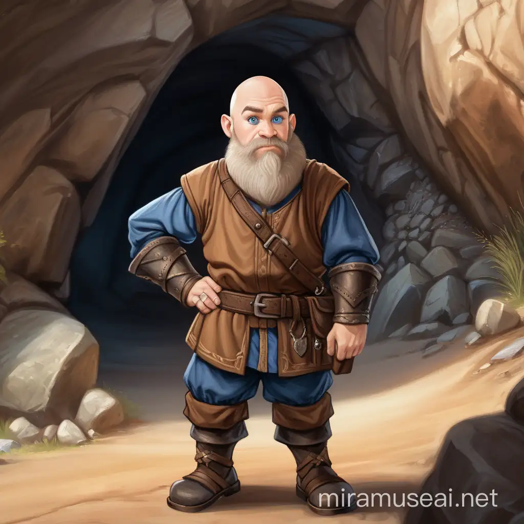 a male dwarf who is bald, has a small goatee, has blue eyes. wearing brown medieval mining clothes. Standing outside near a cave entrance.