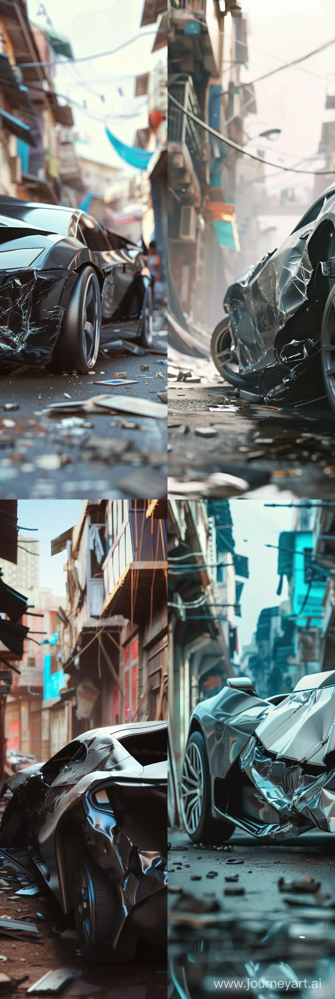 A futuristic phone image of a futuristic car that is very wrecked in a street of slums in the daytime, close-up. Depth of Field photography. --ar 3:9 --s 0 --style raw --v 6 