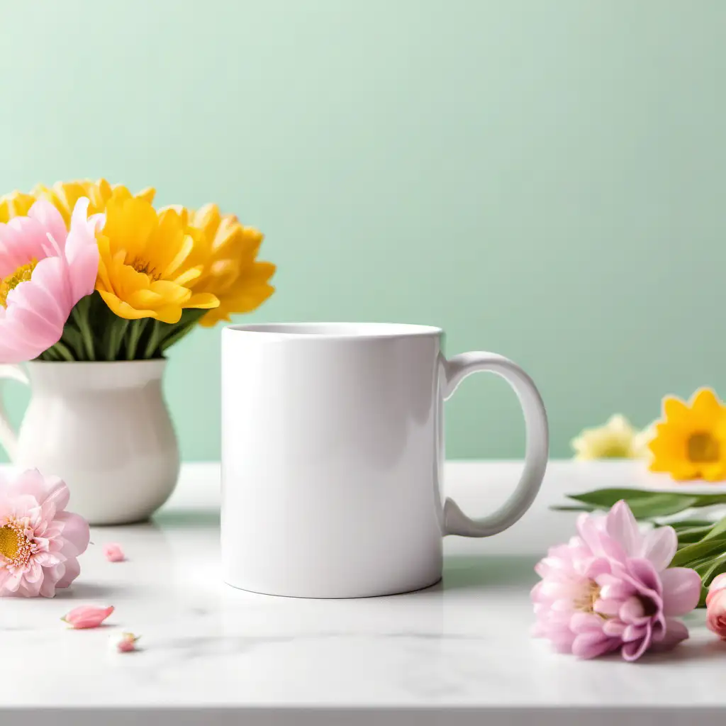 Produce a mockup of a plain white 11oz ceramic mug on a white kitchen table,   pastel spring flowers, colorful pastel kitchen background,  The image should highlight the mug under soft, ambient lighting, emphasizing its sleek, design-free appearance.
The mug must not have any type of design, plain white.