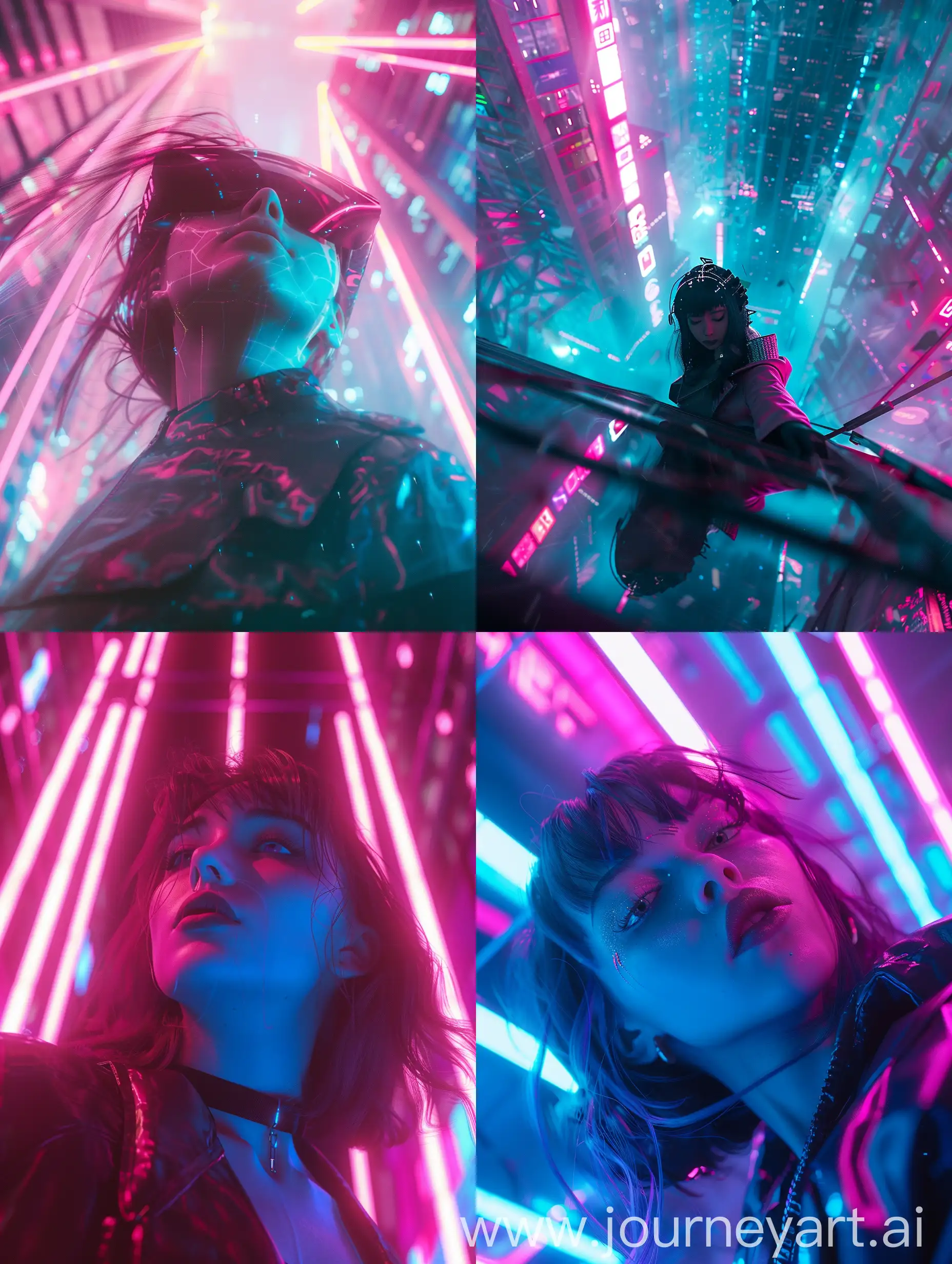 Cybernetic girl beautiful in a cyberpunk city, with subtle pink and blue gradients, neon lights, darkness, backlight, sci-fi, techpunk, shot from below, close up.
