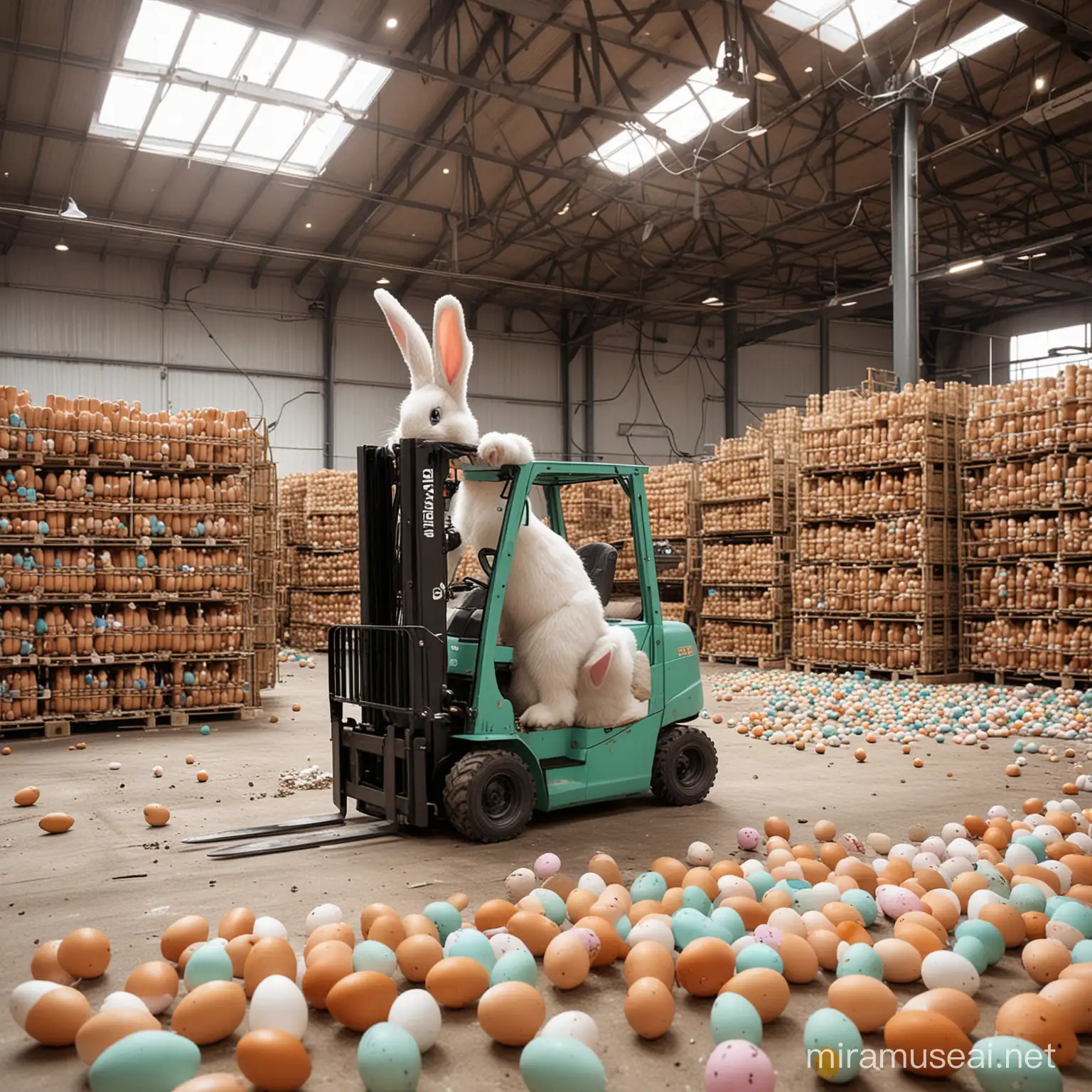 An Easter bunny using a forklift in a Velux glass factory throws eggs at the workers!