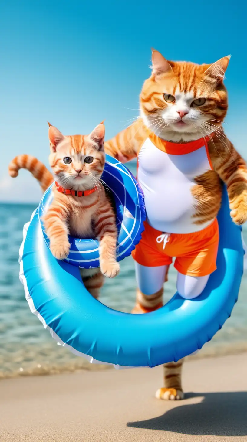 Толстая рыжая кошка одетая в купальник  и маленький рыжий котенок одетый в плавки плавают в море с надувным кругом