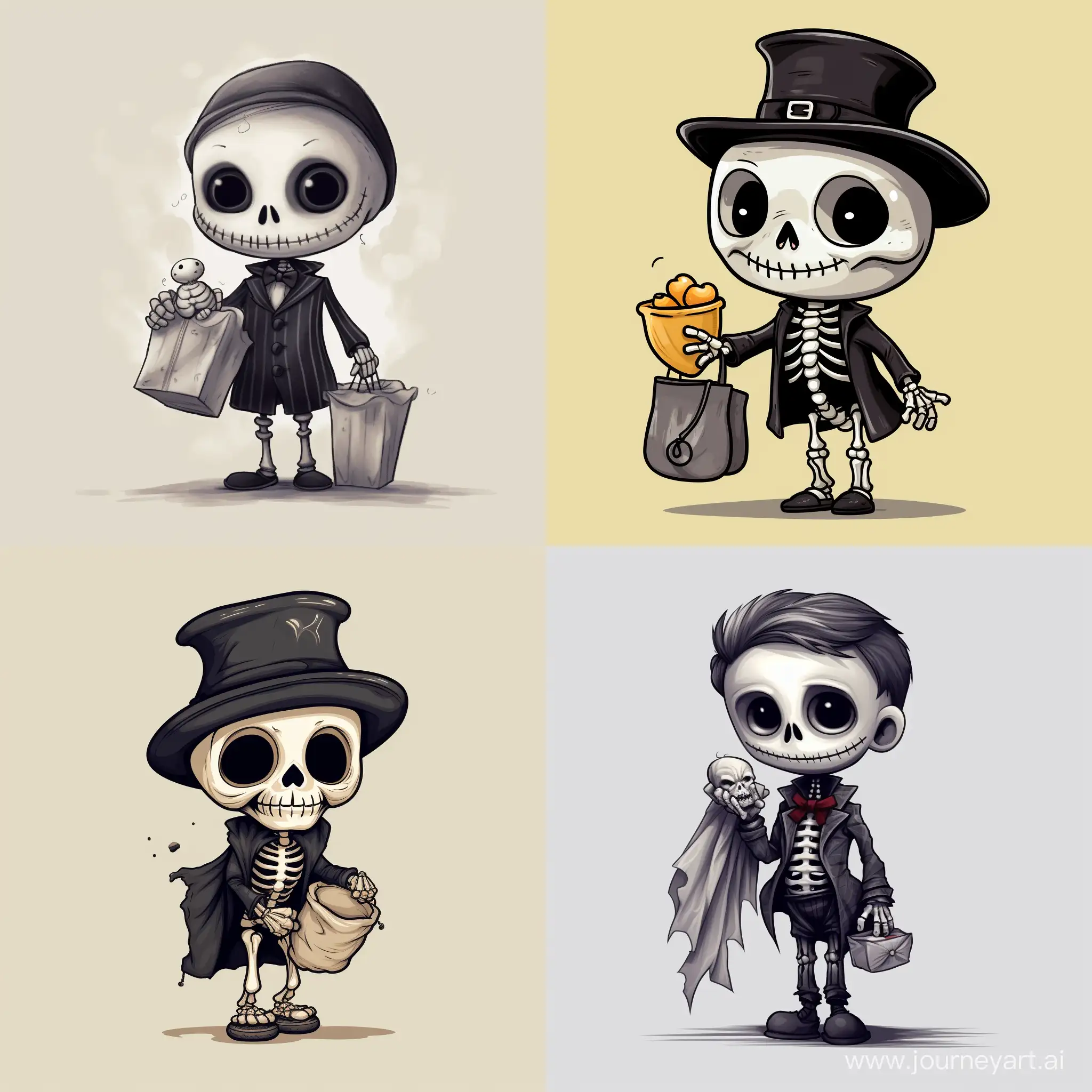 A cute little skeleton holds a bag of money in his hand on a gray background