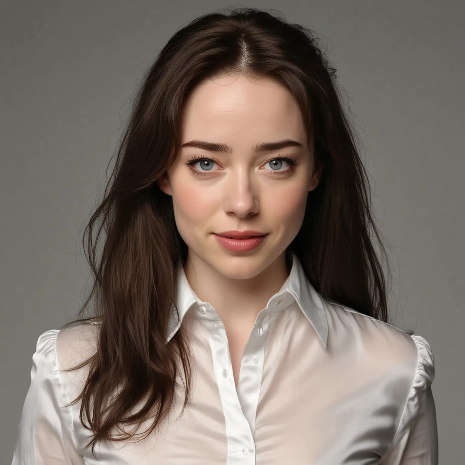 Dans fond gris, id photo, Anna Popplewell, frange scinder en deux, very attractive face, detailed eyes, , regard terrifié et sourire crispé chemise blanche satin stretch soyeux manches longues très très échancrée 