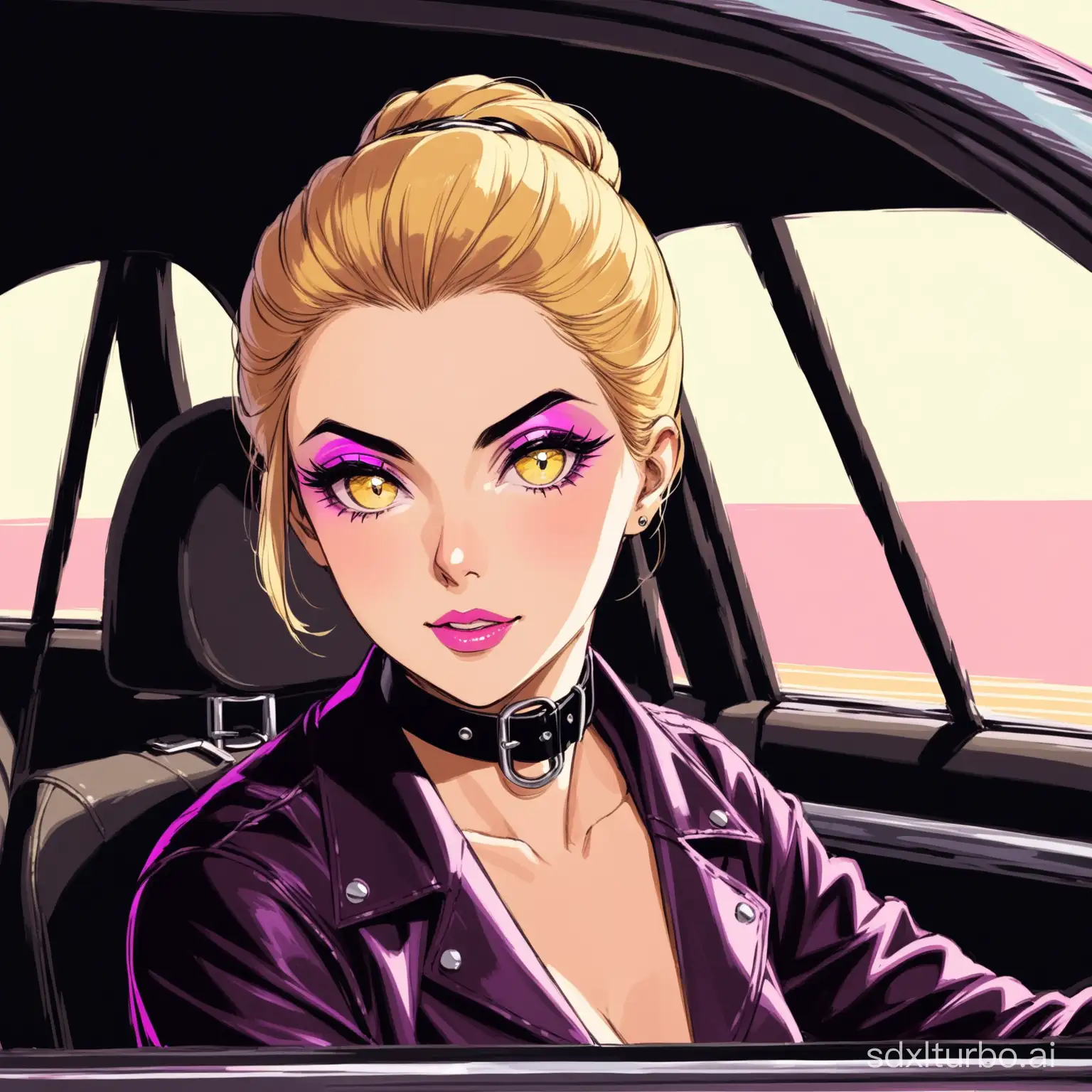 Sitting in car , collar de leather and metal buckle , 50s mature young woman, with yellow hair, pink eye makeup and a black choker necklace \n Blonde e brown hair tied in a bun. Her eyes have dark eyeliner and purple eyeshadow.. ,
