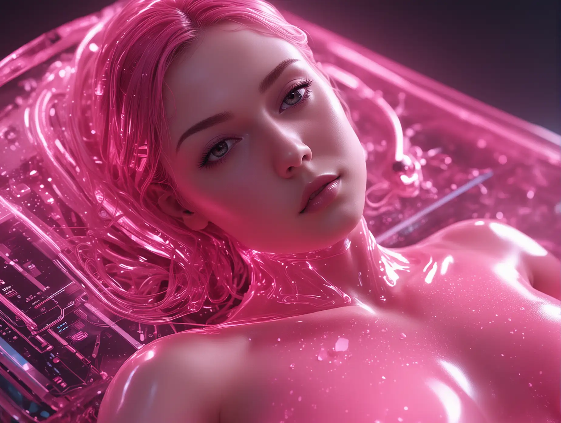 dark secret futuristic laboratory, AI materialising in glowing transparent electronic pink goo, creating beautiful curvy android girl, lying on back, wide shot, focus on body,

highly detailed, random details, imperfection, detailed face, detailed body, detailed skin textures, skin pores, detailed background, detailed colours hues tones patterns,