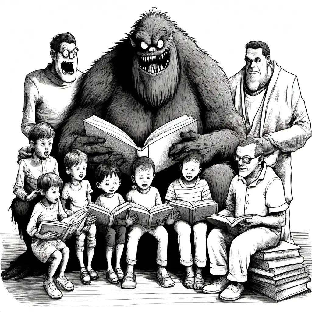 black and white drawing of One monster reading a book to a whole family all dressed in white with white background