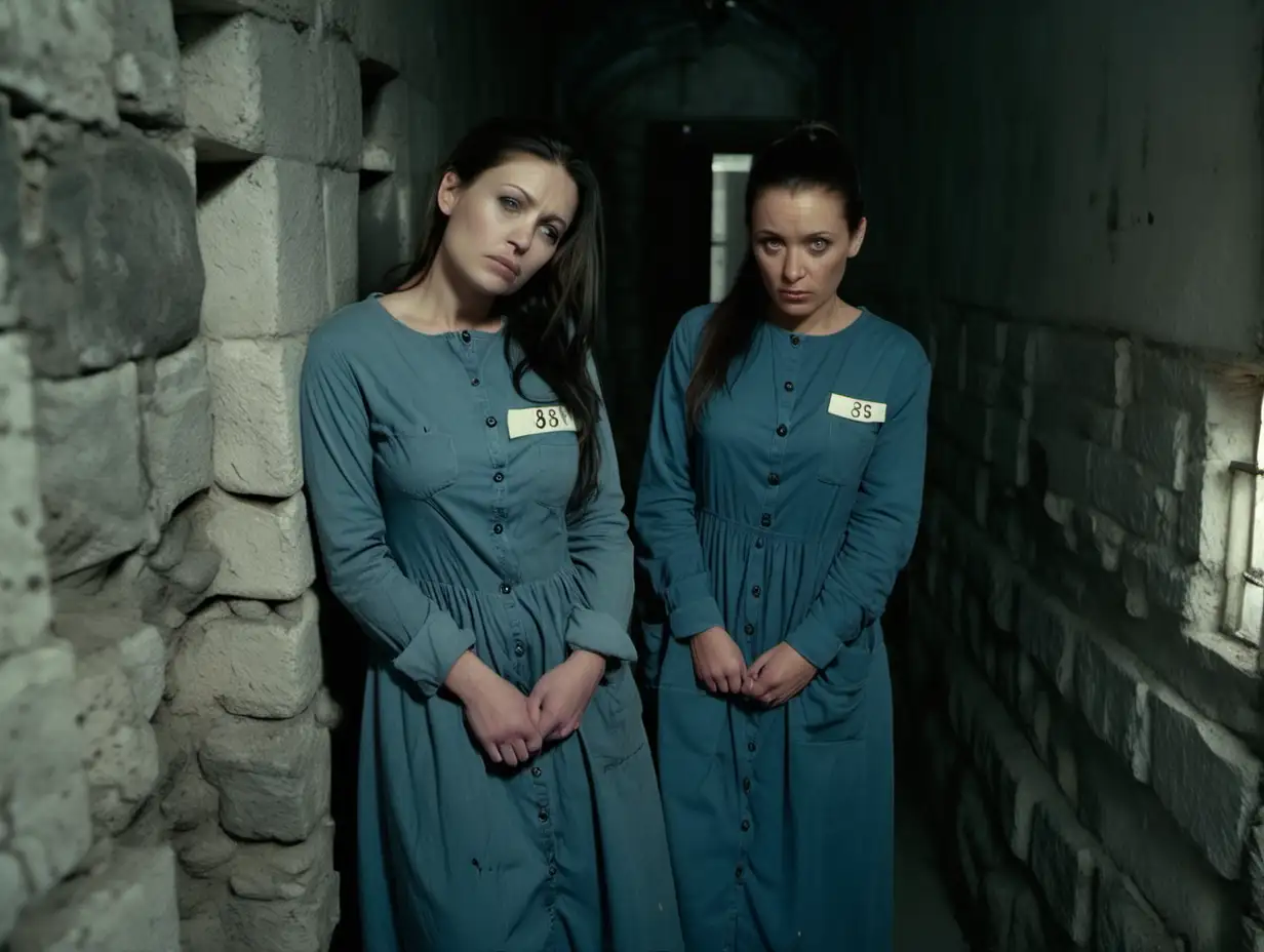 Two of busty prisoner woman (35 years old, same dress) stand (far from each other) in a prison cell (Stone walls, small window) in dirty ragged blue longsleeve midi-length buttoned gowndress ("438" label on chest pocket, brunette low pony hair, sad and desperate ), look into camera