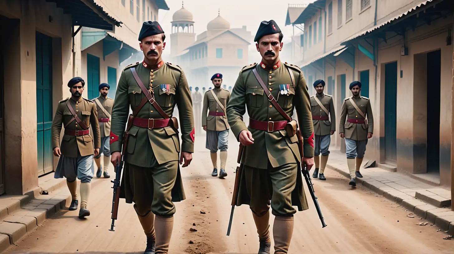 dark, neo noir cinematic, generate an image set in the 19th century colonial era, depicting a bleak and gritty scene of European looking British English Soldiers in uniform beating a poor Muslim Pakistani man in shalwar kameez what is now Pakistan.