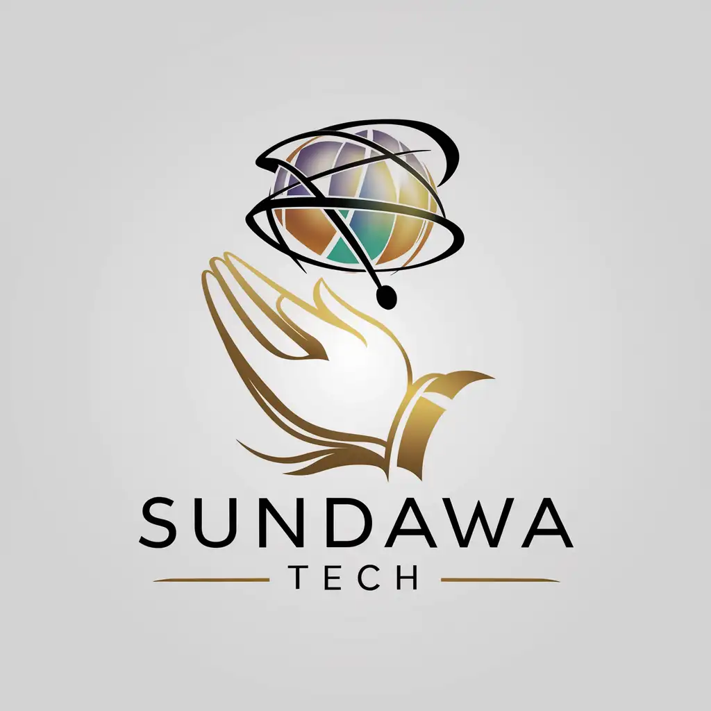 create an IT company logo called Sundawa Tech with a internet illustration above a hands that looks like muslim praying opened hand with a bit of gold gradient
