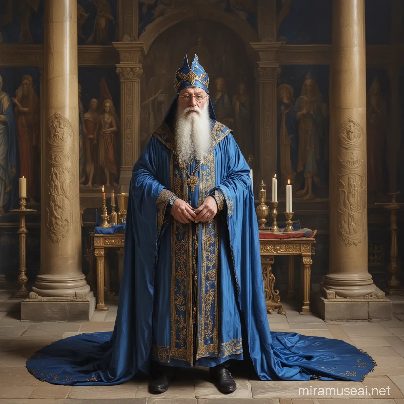 An old, venerable wizard, clad in a blue robe and surcote. He presides a ceremony inside a temple with gilded walls. In the background there's an altar with the effigies of a pagan god and goddess 