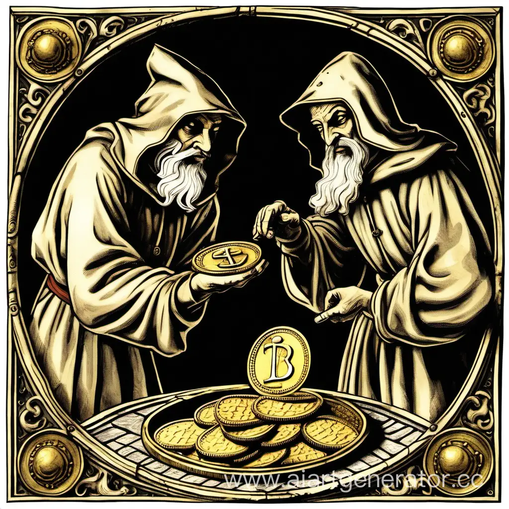 два средневековых жадных вора не могут поделить золотую монету
