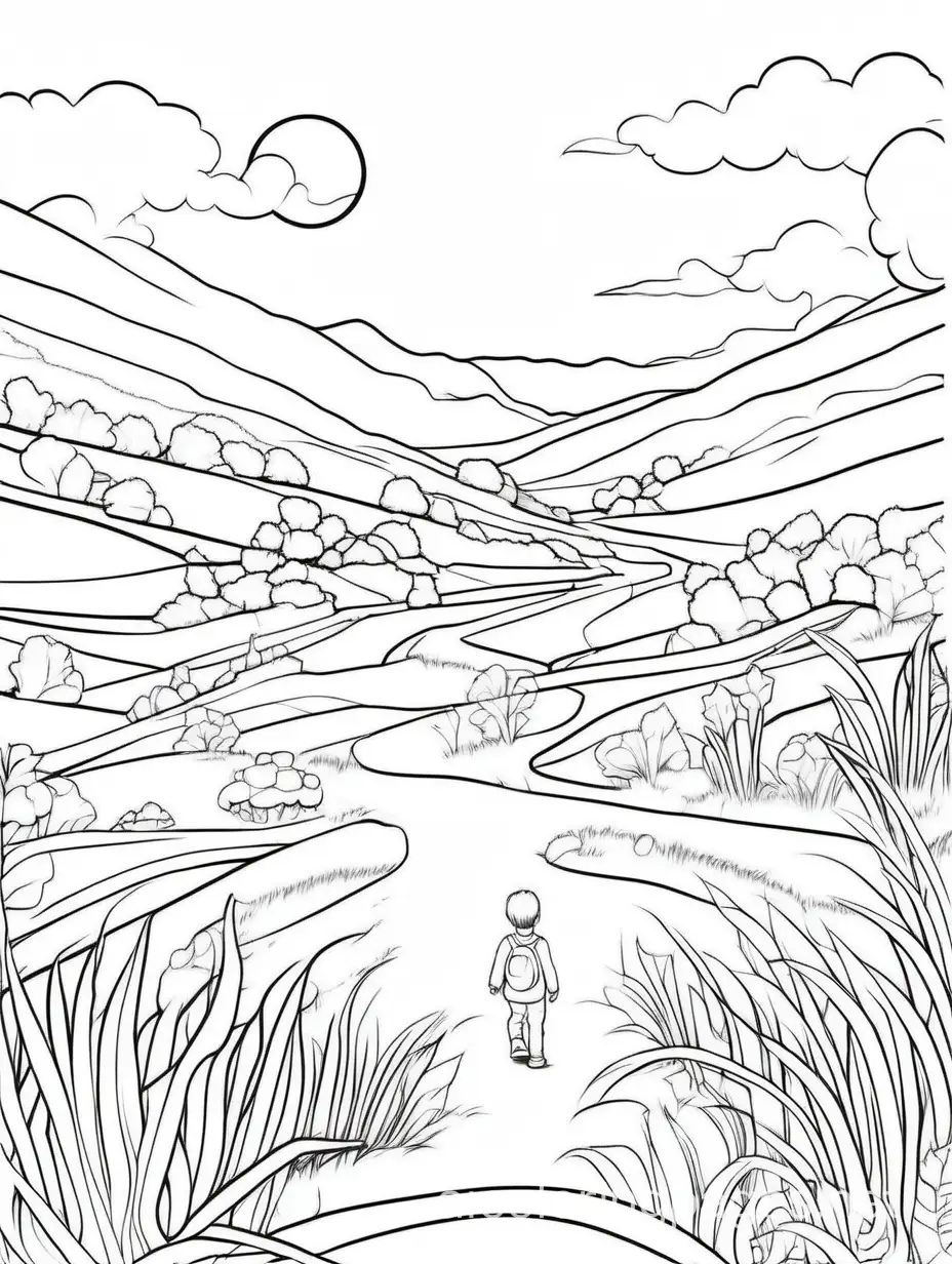 solitude, Coloring Page, black and white, line art, white background, Simplicity, Ample White Space. The background of the coloring page is plain white to make it easy for young children to color within the lines. The outlines of all the subjects are easy to distinguish, making it simple for kids to color without too much difficulty