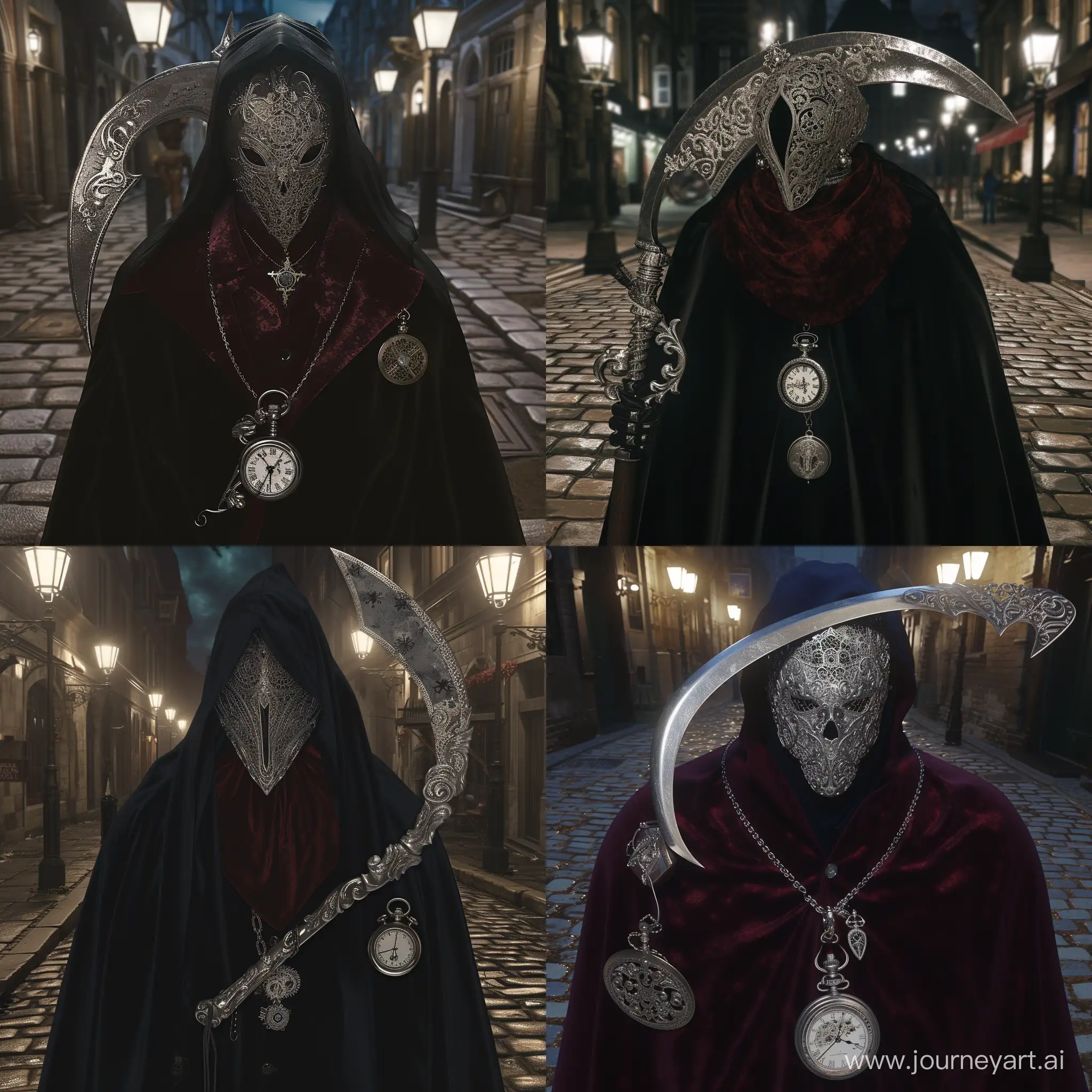 In the dimly lit streets of Yharnam, the Gothic Reaper prowls, their obsidian cloak billowing in the cold night wind. The hunter's eerie silver filigree mask glints under the glow of gas lamps, casting shadows on cobblestone streets, A blood-red velvet choker with a silver pendant, a pocket watch adorned with gothic motifs, and a silver filigree hairpin,  a sinister scythe with a curved blade, etched with eldritch symbols and exuding an aura of darkness, bloodborne style, gritty, detailed