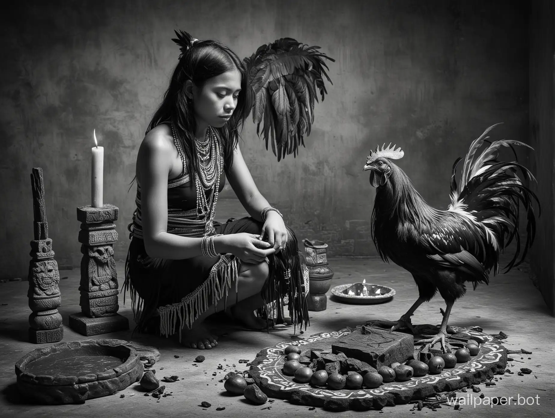 , sacrifice of a rooster, girl doing satanic ritual, Mayan Indian, altar, doing ritual in, black and white photography, high contrast photography, sharp super contrast
