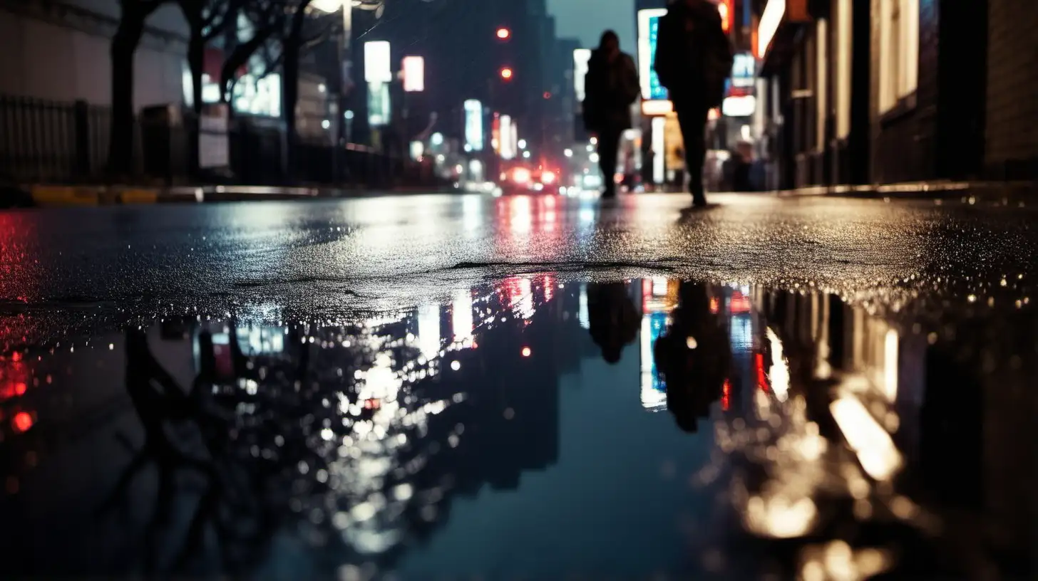 Photograph depicting the reflection of city lights on a rain-soaked street, showcasing the interplay of light and shadow --ar 16:9 --style raw 