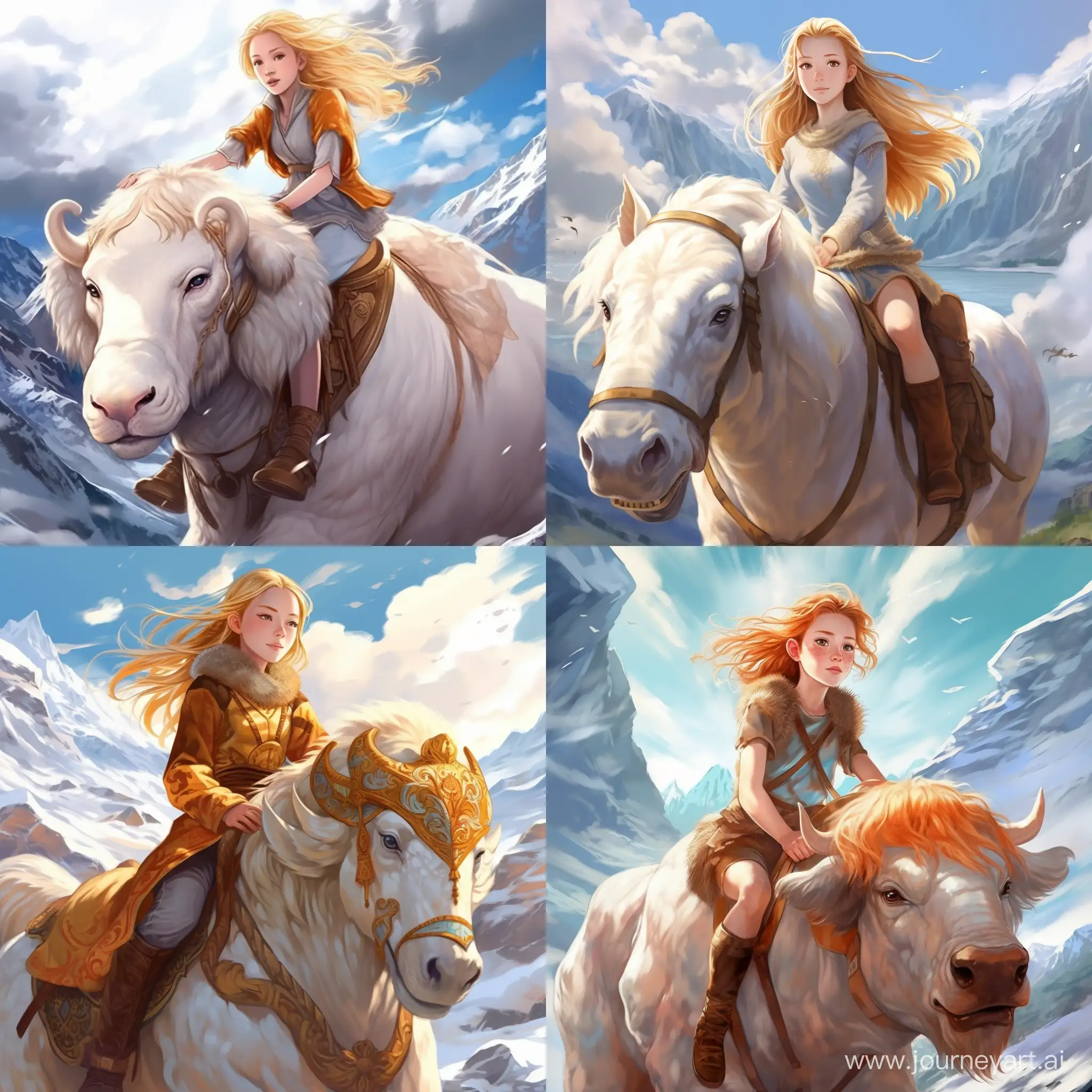 Beautiful girl, golden hair, gray-blue eyes, snow-white skin, teenager, 14 years old, in the style of avatar the legend of aang, full-length, riding a flying bison Appa, a bison the size of a house, in the sky, clouds, high quality, high detail, cartoon art