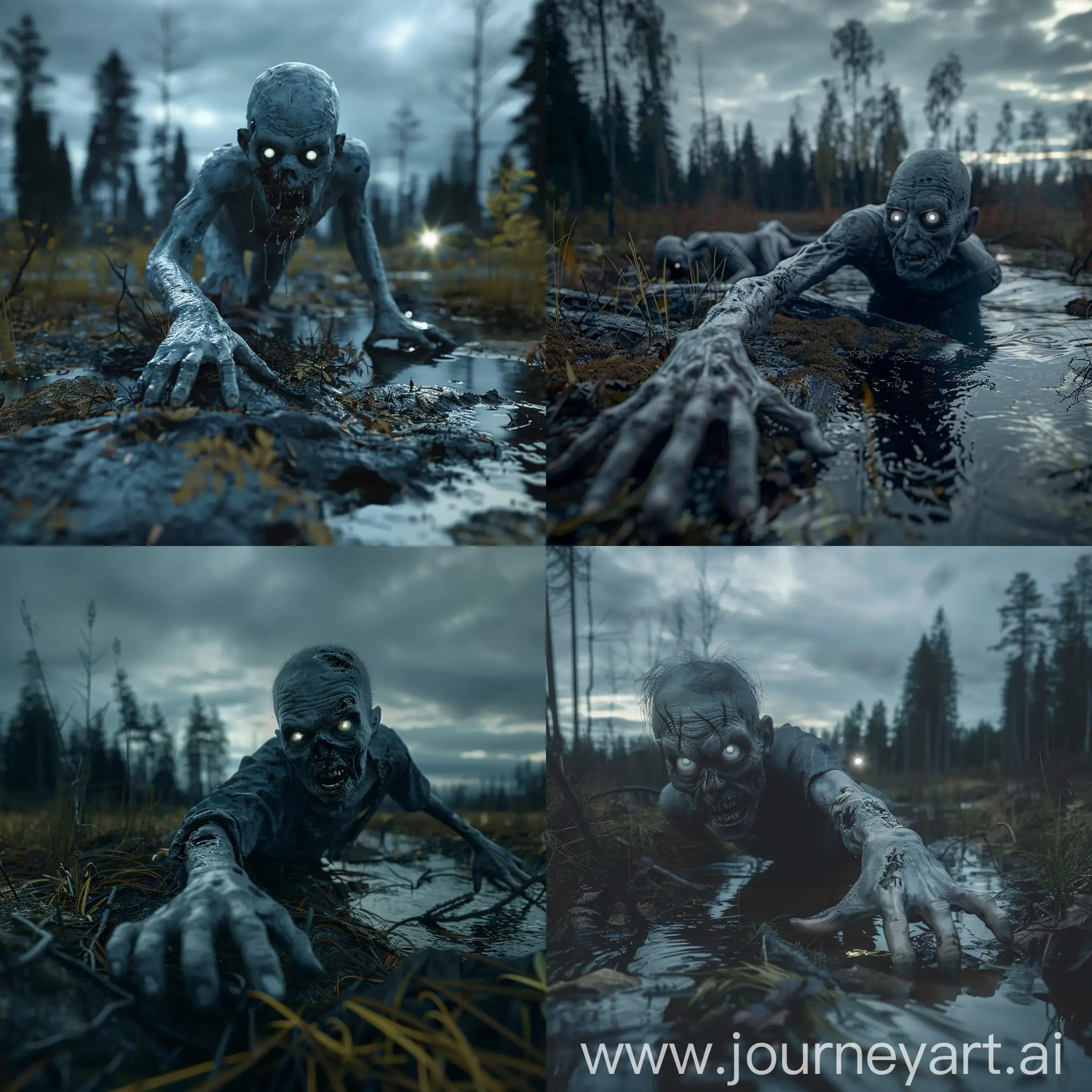 night, taiga, cloudy weather, autumn, forest, swamp, zombies crawling on the island of the earth, tight skin, white eyes, gray sparse hair,  bare teeth, stretches the hand forward, in the light of the flashlight, gloomy atmosphere, horror, 8K quality, high image detail 