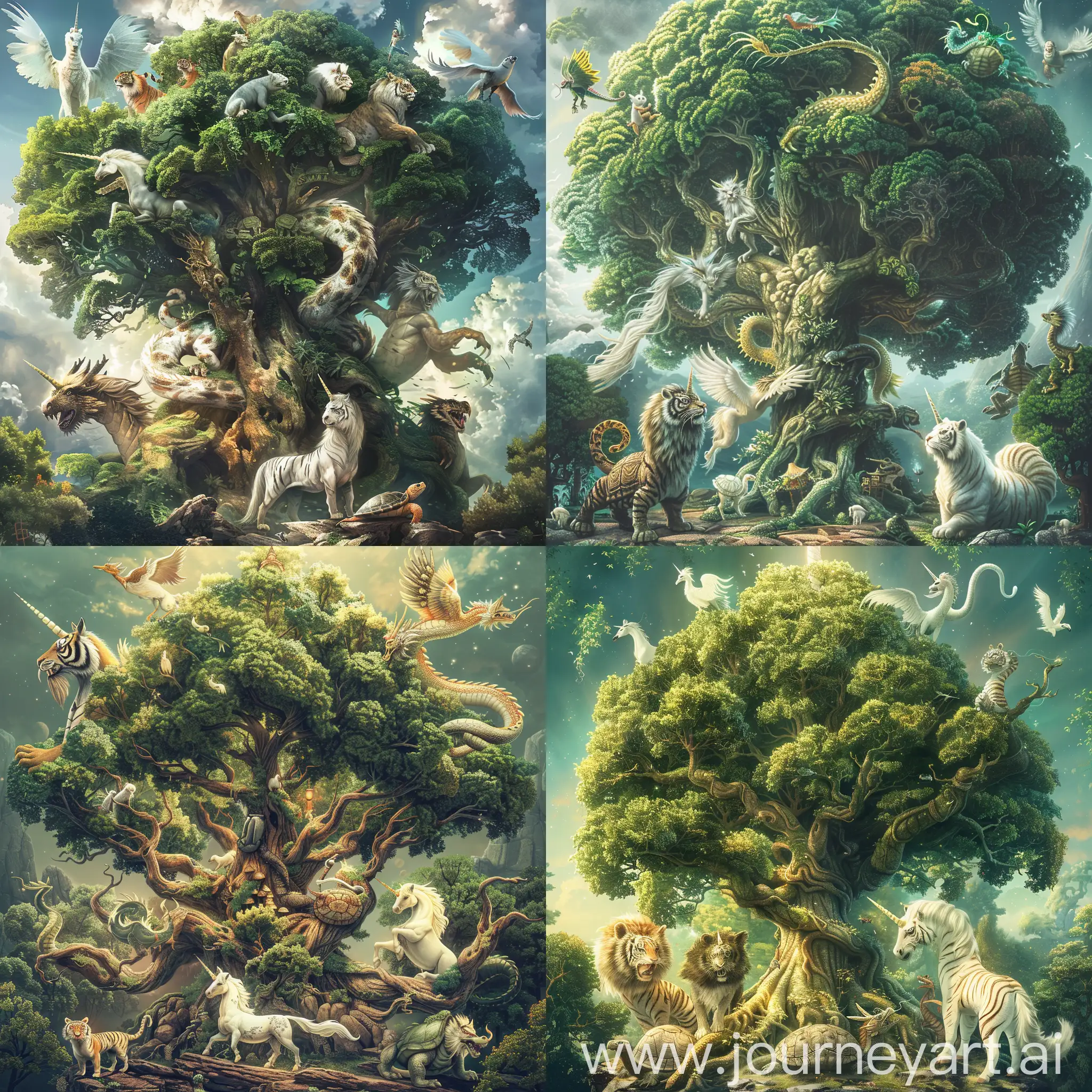 Draw a towering tree with vitality. In the picture, there are Kunpeng, unicorn, Phoenix, turtle, dragon, and white tiger around the tree. The size of the beast is large, with 8k picture quality and super details