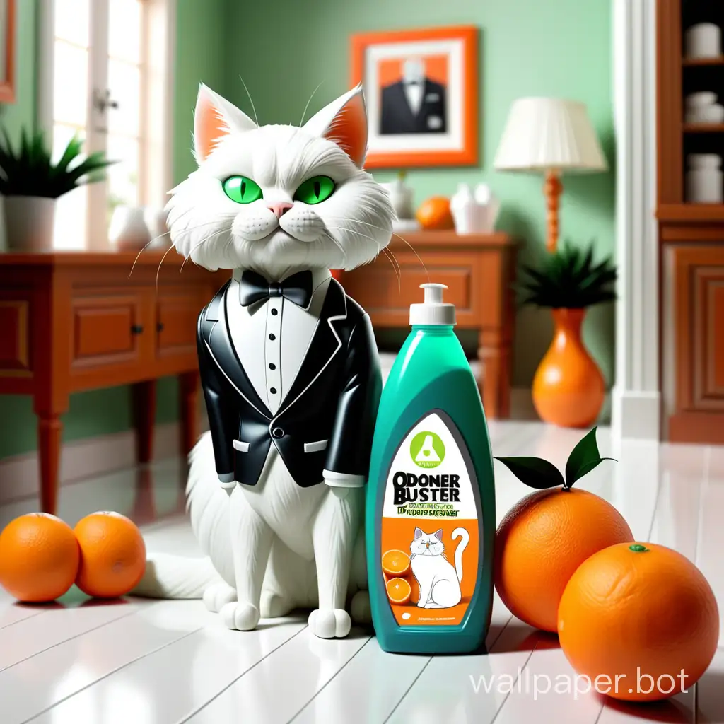 TRASH BUSTER CLEANER ODONER, odor-fighting solution, green bottle 500 ml, white trigger, Biohim logo on the bottle, fluffy white cat in a black suit, beautiful room, oranges on the floor, glossy floors