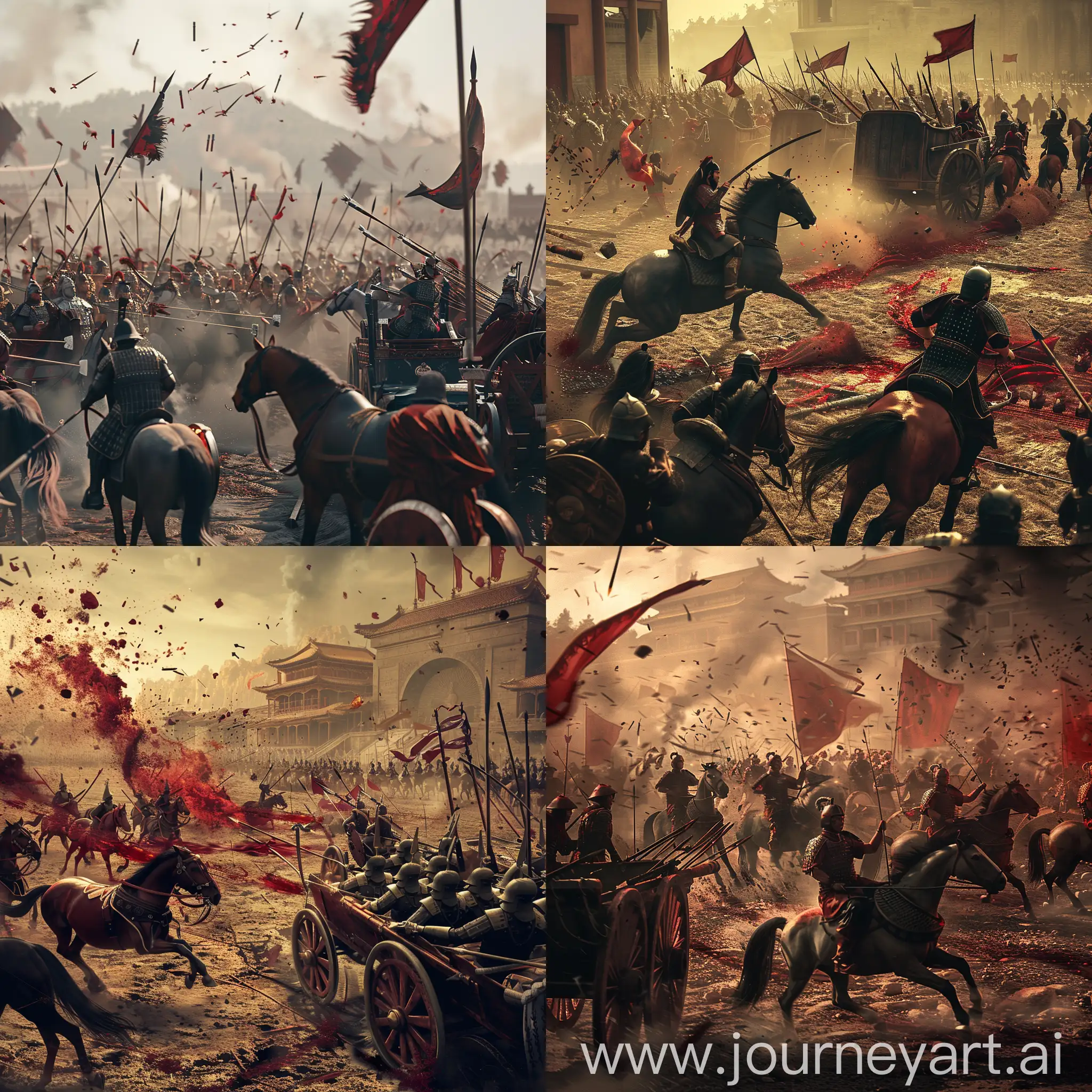 Bloody battle in ancient China, horses, chariots, spears, arrows, sad and gloomy background, extremely realistic, 8k high resolution.