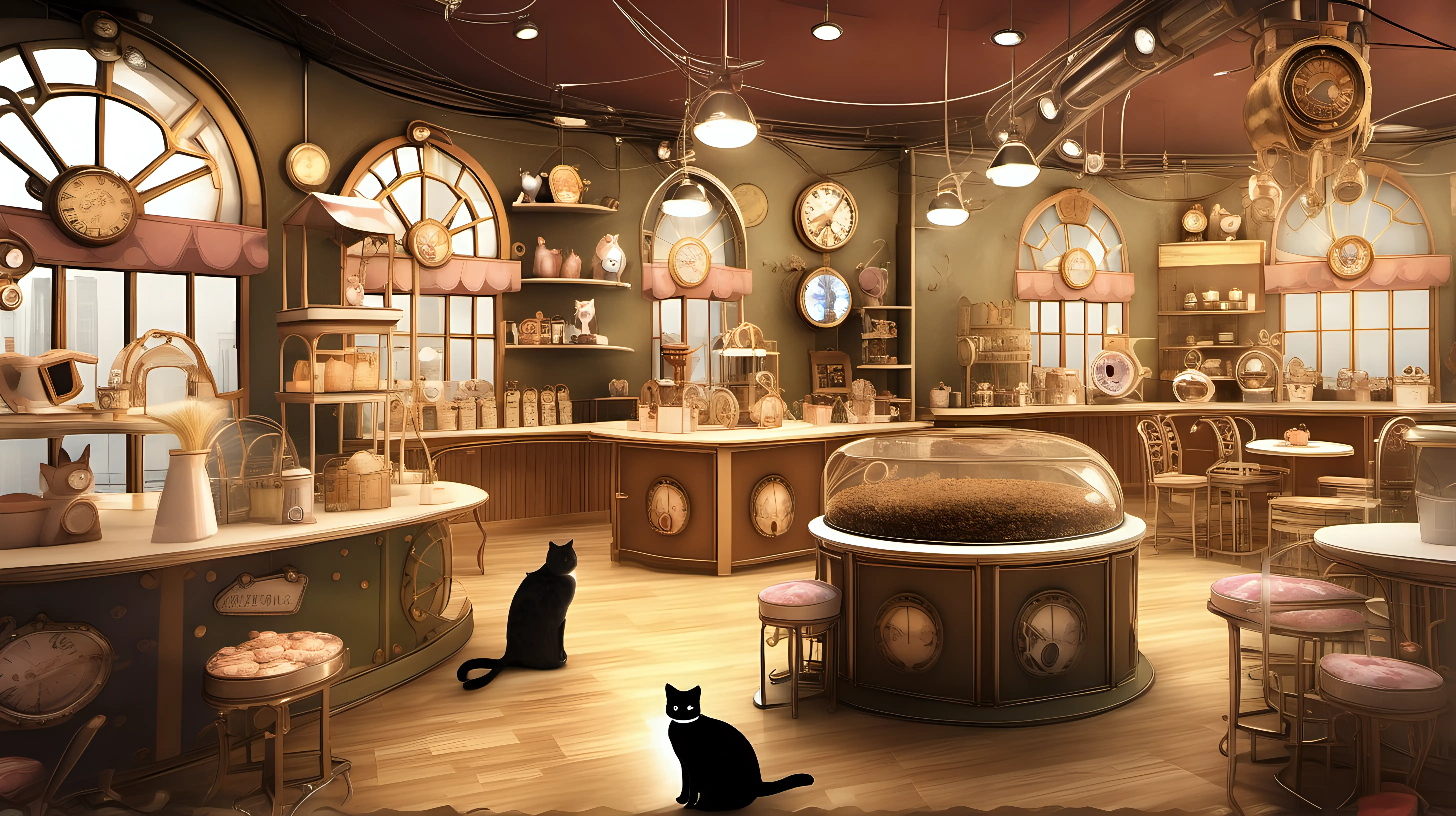 "Craft an image of a charming cat café set in a whimsical steampunk world, where cats and customers alike enjoy fanciful contraptions and delightful treats."