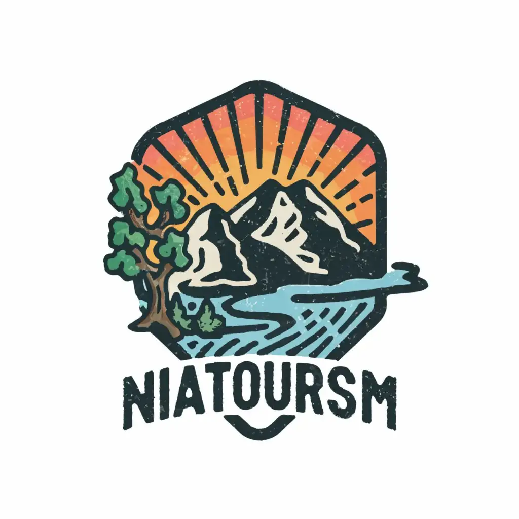 a logo design,with the text "NATOURISM", main symbol:Mountain with river tree and sunrise over the ocean

,Moderate,clear background