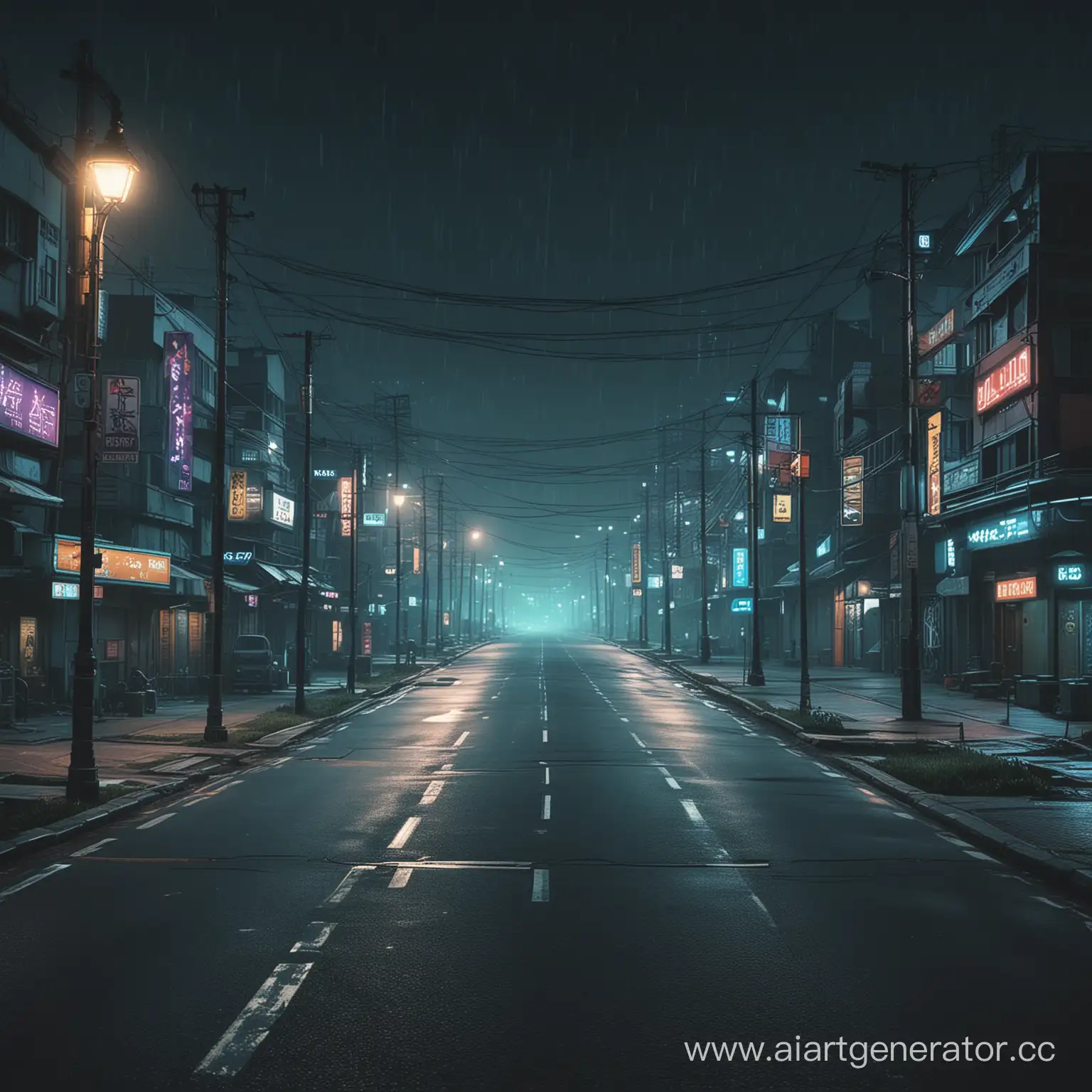 Cyberpunk-Night-City-with-Illuminated-Streetlights-and