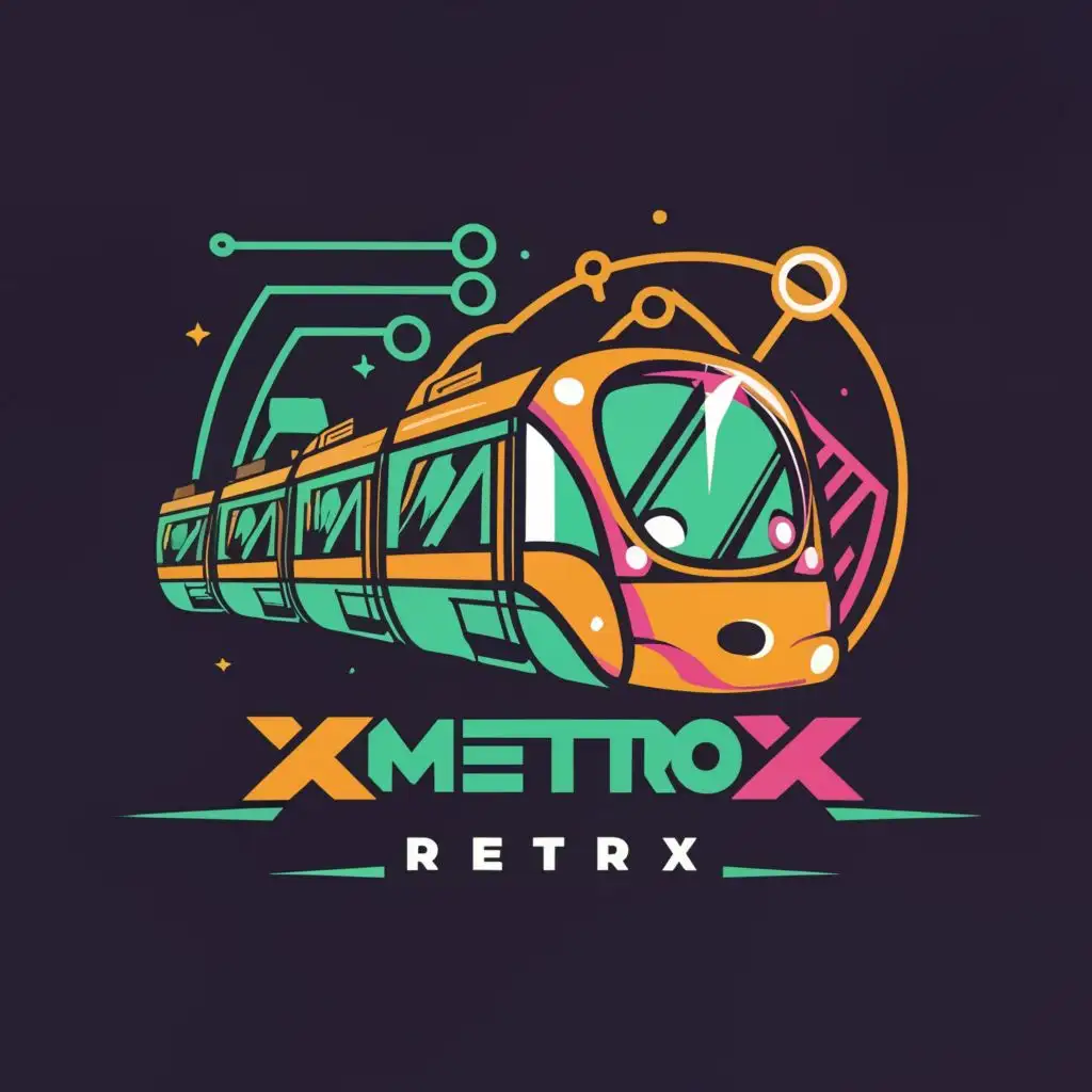 logo, tron inspired Forward facing subway train with bright colors, with the text "XMetro
RetroX", typography