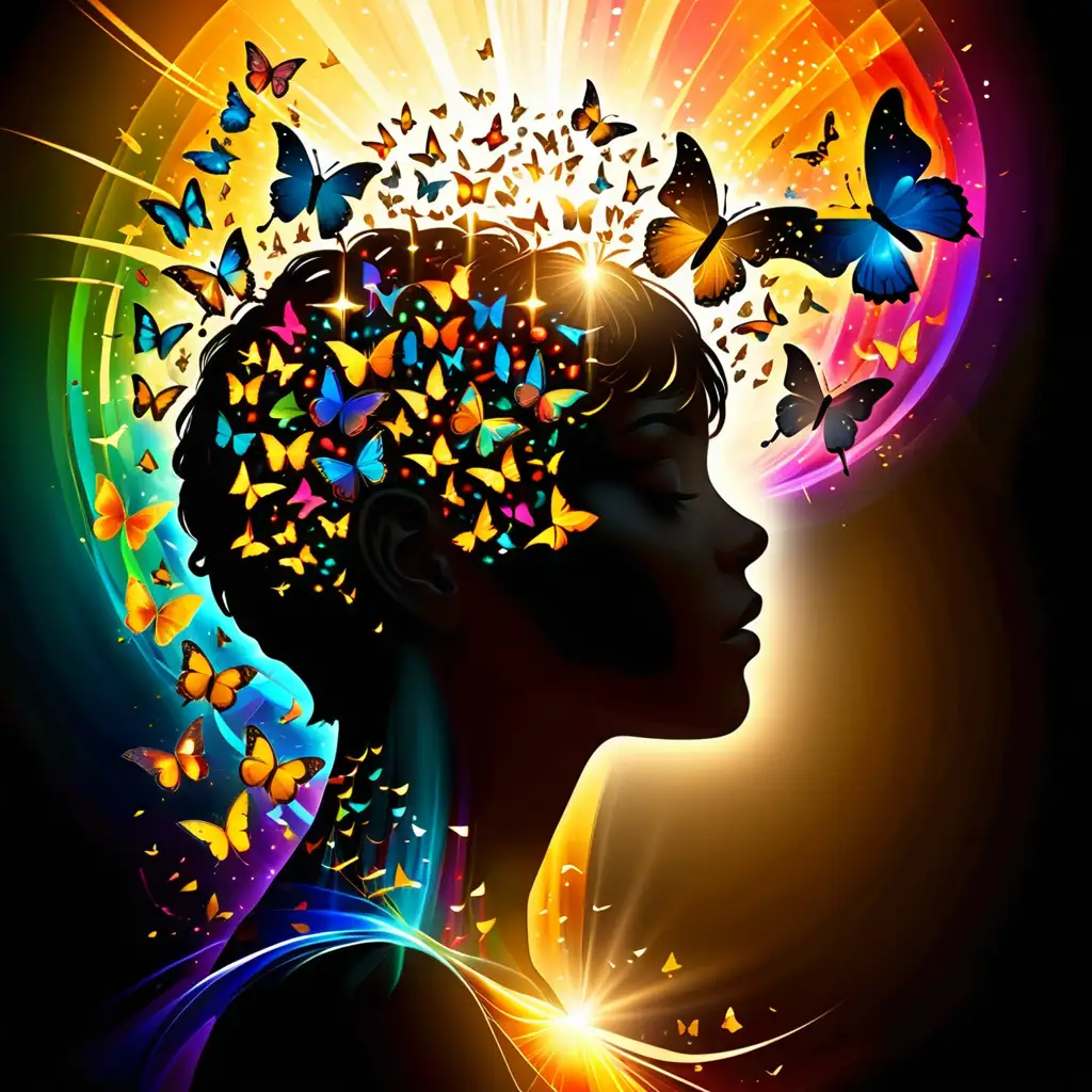 a silhuotte of a woman's head with  short hair, with light flowing out of the top of  the head, surrounded by bright colours, and butterflies. there is a golden key , glowing in the centre of the head,  unlocking all the potential in this mind, transforming negativity into positivity 