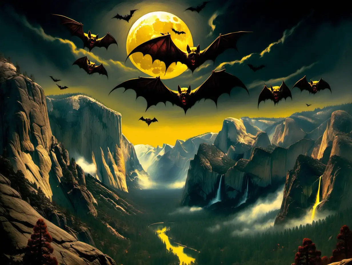 Vampire Bats Soaring Over Yosemite Valley Under a Radiant Yellow Moon Frank Frazetta Inspired