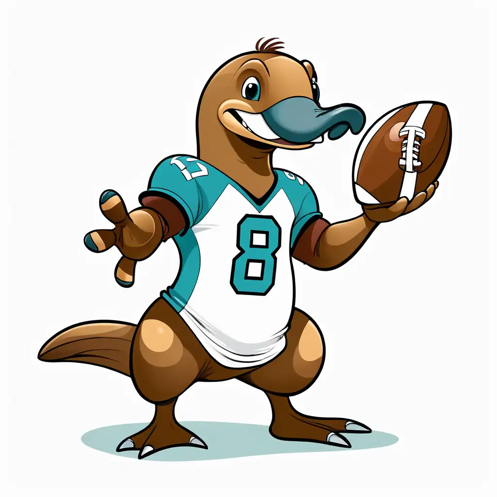 cartoon, illustration, smiling platypus holding a football, blank white background