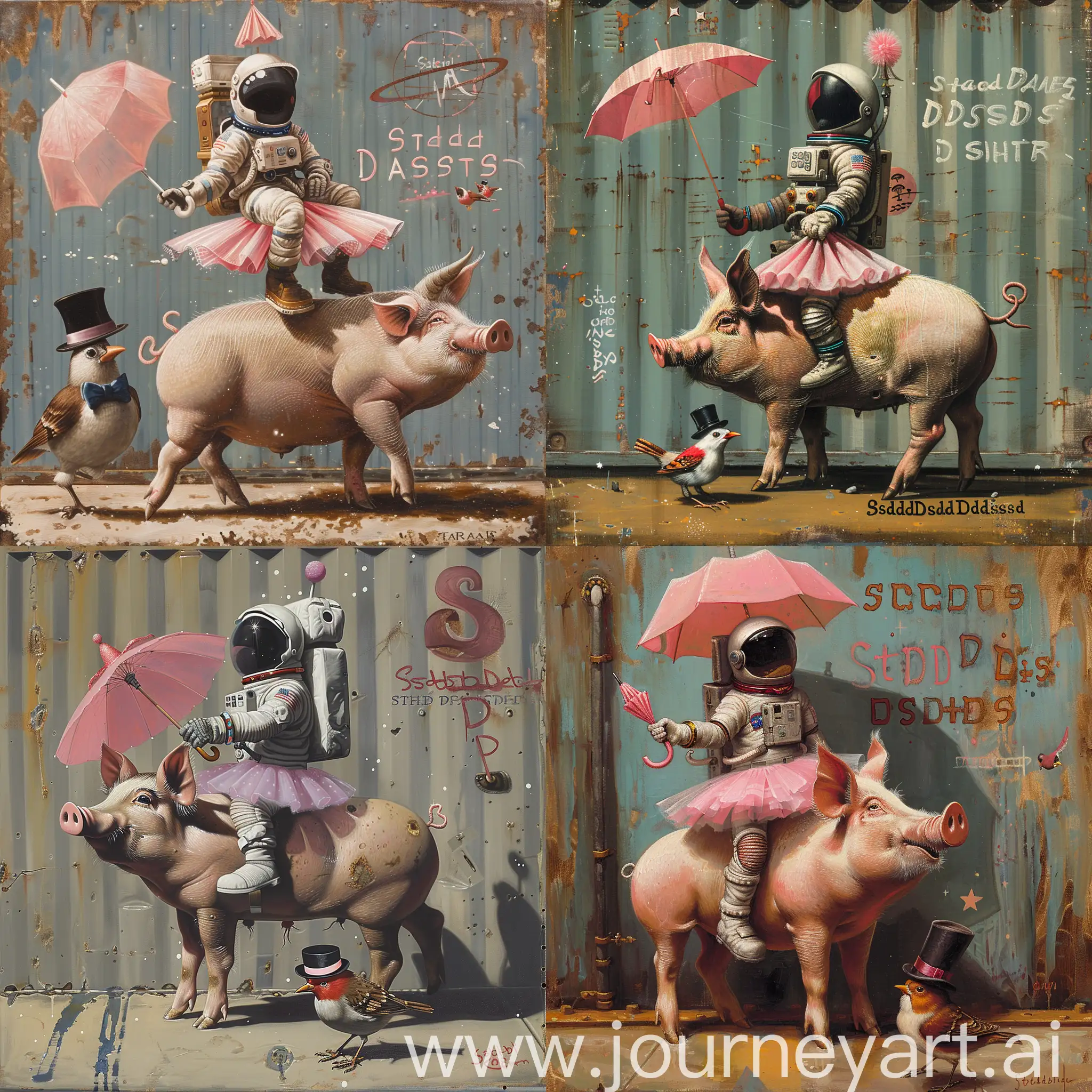 
a painting of an astronaut riding a pig wearing a tutu holding a pink umbrella, on the ground next to the pig is a robin bird wearing a top hat, in the corner are the words "stable diffusion"