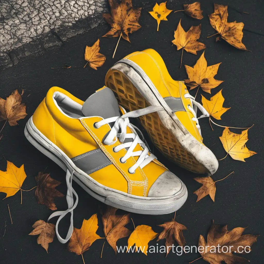 Осень, старые кроссовки, атмосфера, желтый, серый