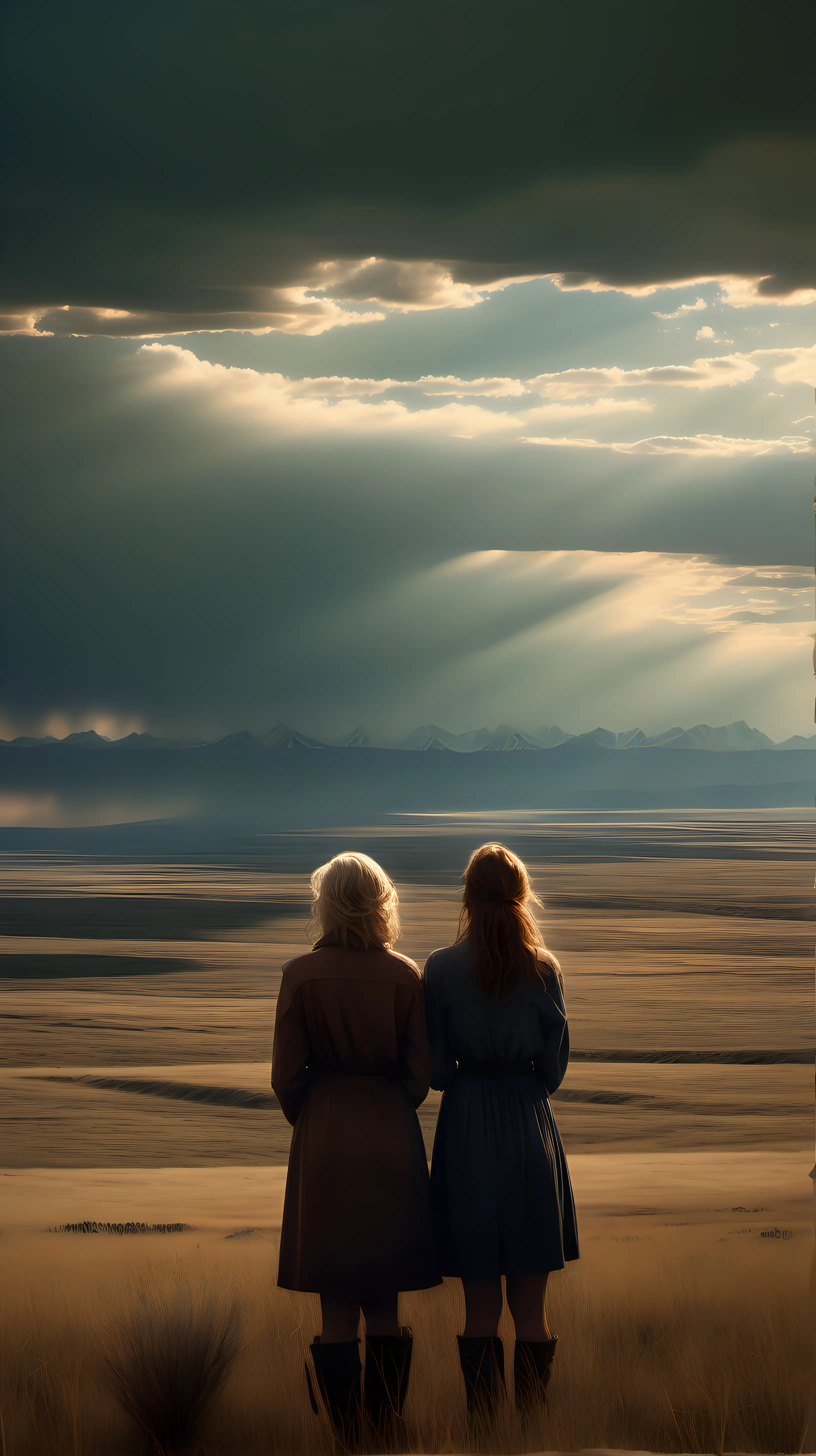 Subject: two woman looking out at the Montana landscape 

Setting: Montana plains, big sky, vast expanse of land 

Style: dreamy, romantic, moody, atmospheric cinematic lighting, hyper realistic, in the style of Christopher Doyle

