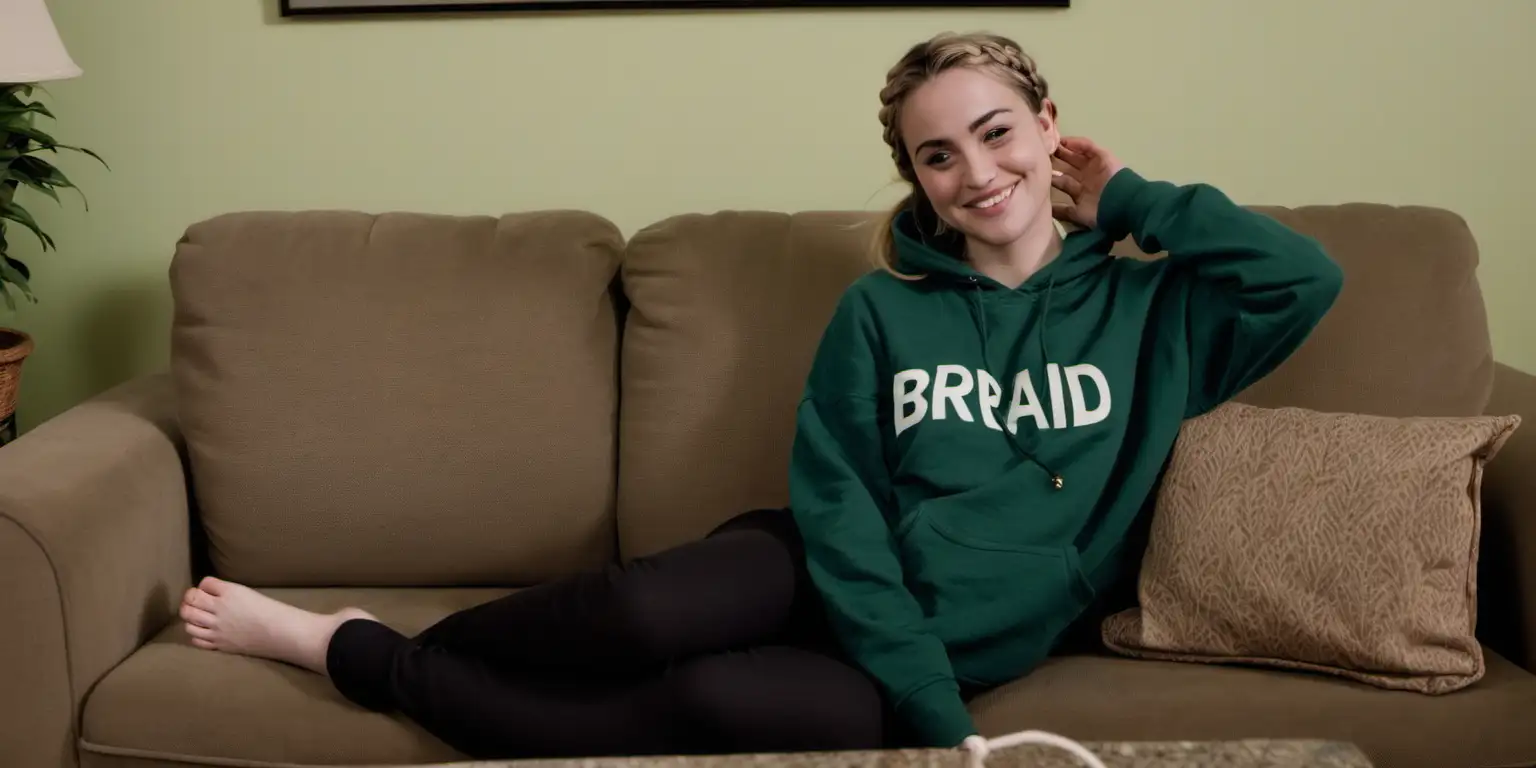 Smiling Woman in Dark Green Hoodie Relaxing on Couch