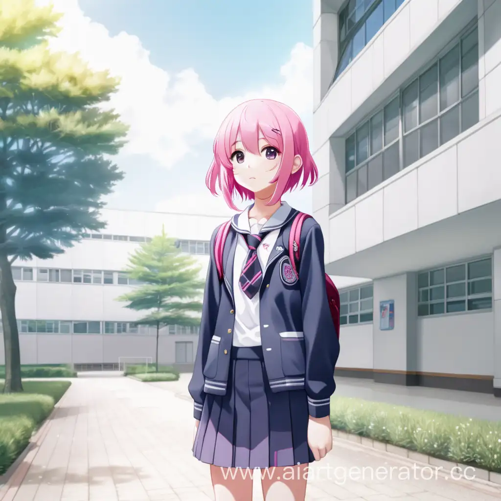 Anime girl with pink hair in school uniform standing outdoors at full height