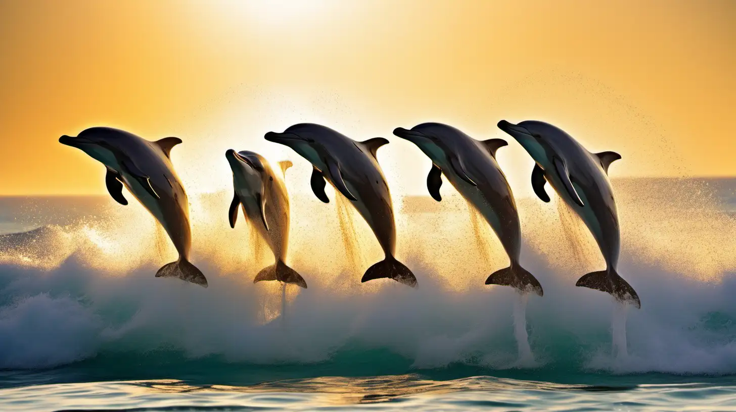 A group of playful dolphins leaping in synchrony amidst sparkling ocean waves.